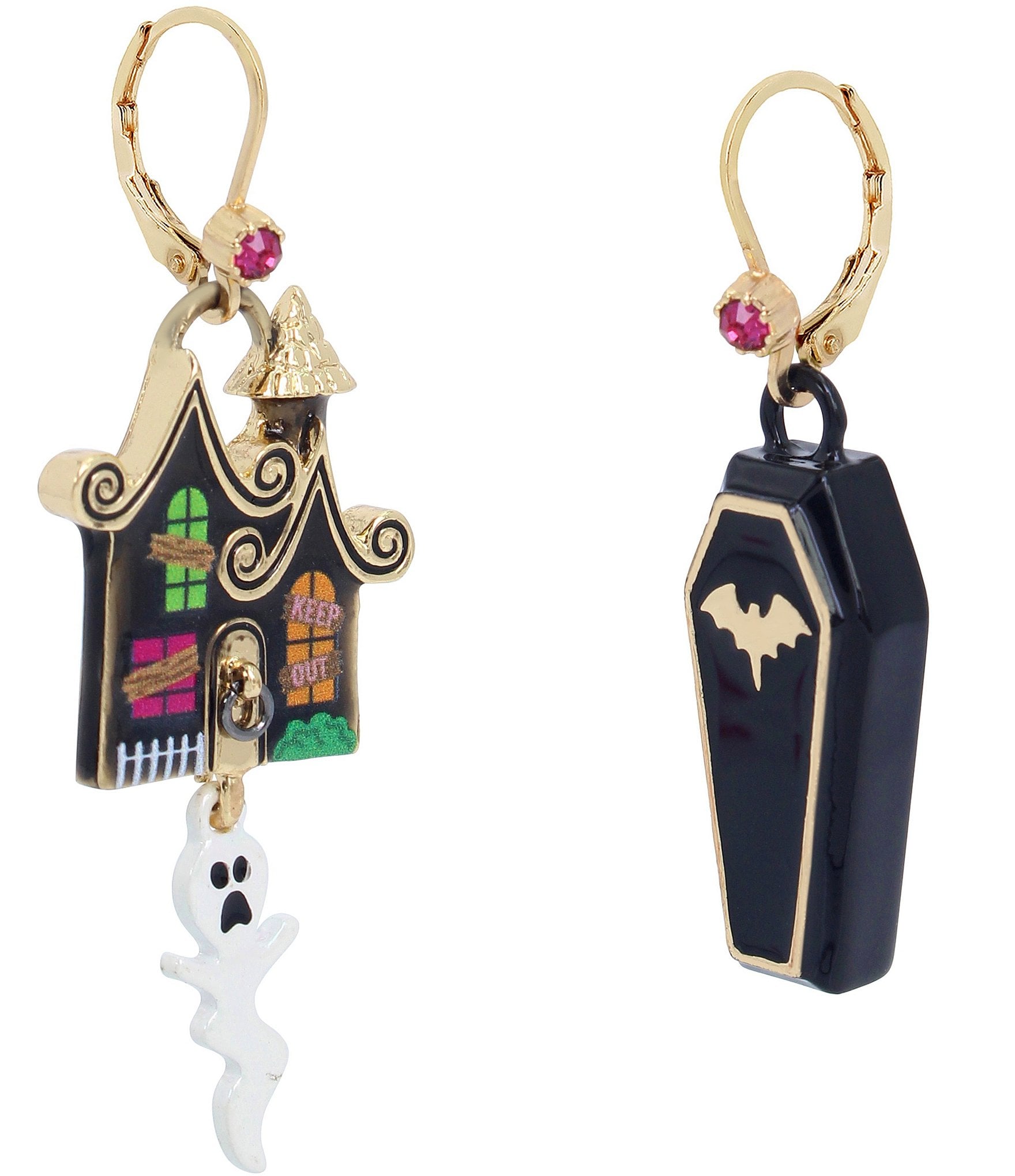 Betsey Johnson Haunted House & Coffin Mismatch Drop Earrings