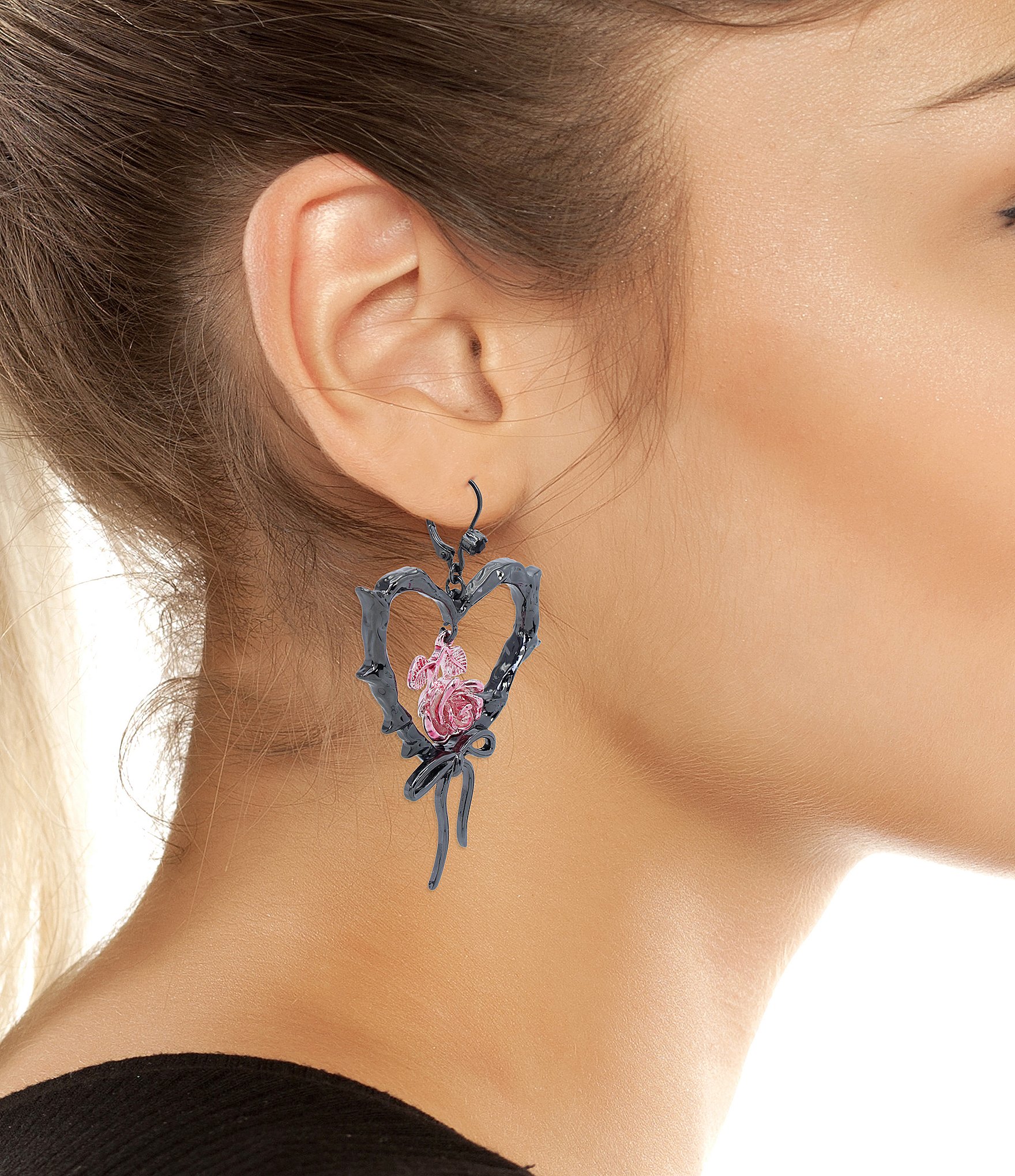 Betsey Johnson Heart & Rose Drop Earrings