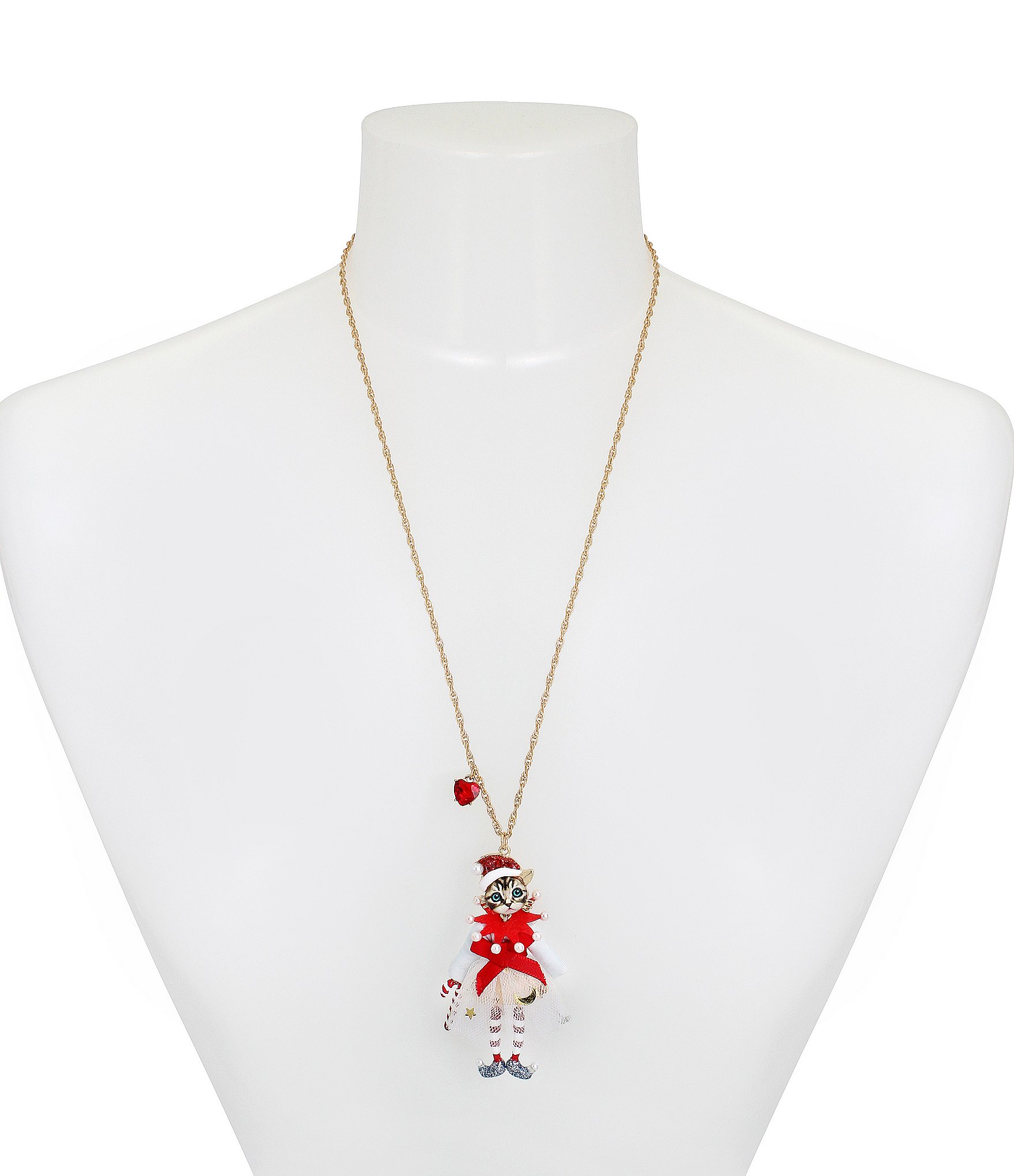 Betsey Johnson Jingle Bell Bling Christmas Cat Short Pendant Necklace