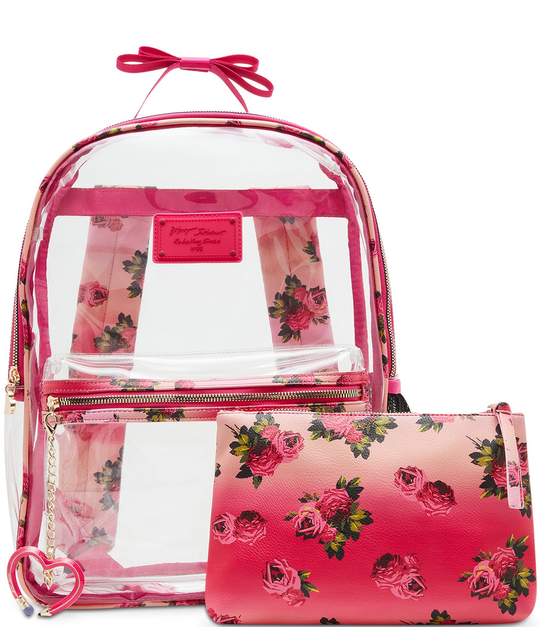 Betsey Johnson Large Pink Floral Clear Backpack