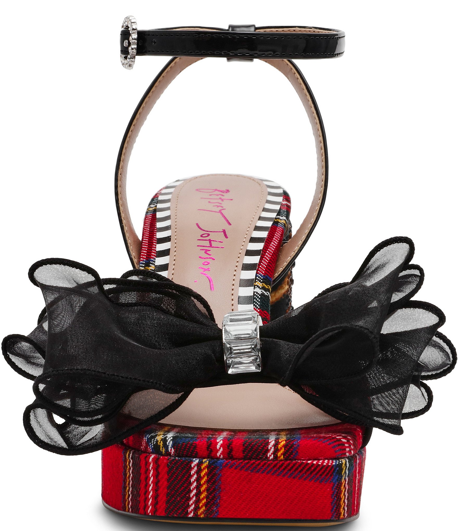 Betsey Johnson Palloma Plaid Embellished Bow Leopard Heel Platform Dress Sandals