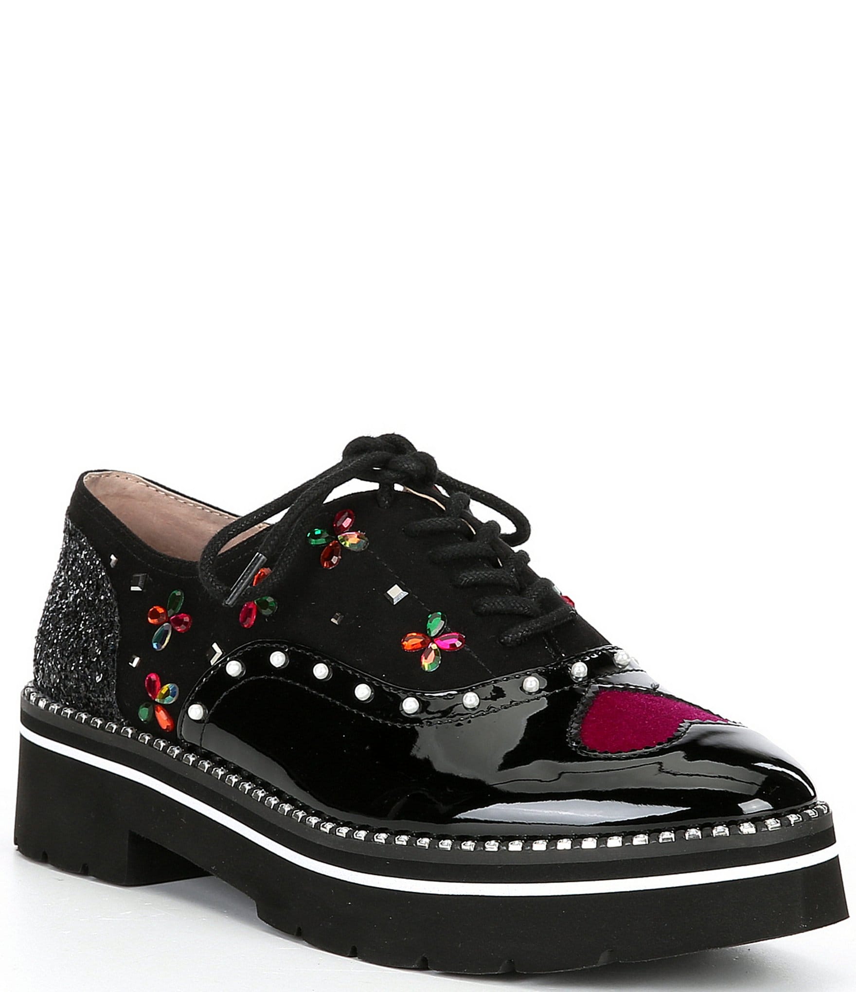 Betsey Johnson Pixxy Patent Pearl Studded Jewel Heart Platform Oxfords ...