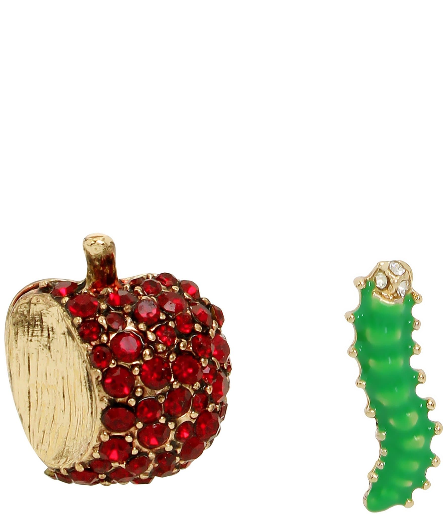 Betsey Johnson Rhinestone Apple & Worm Mismatch Stud Earrings