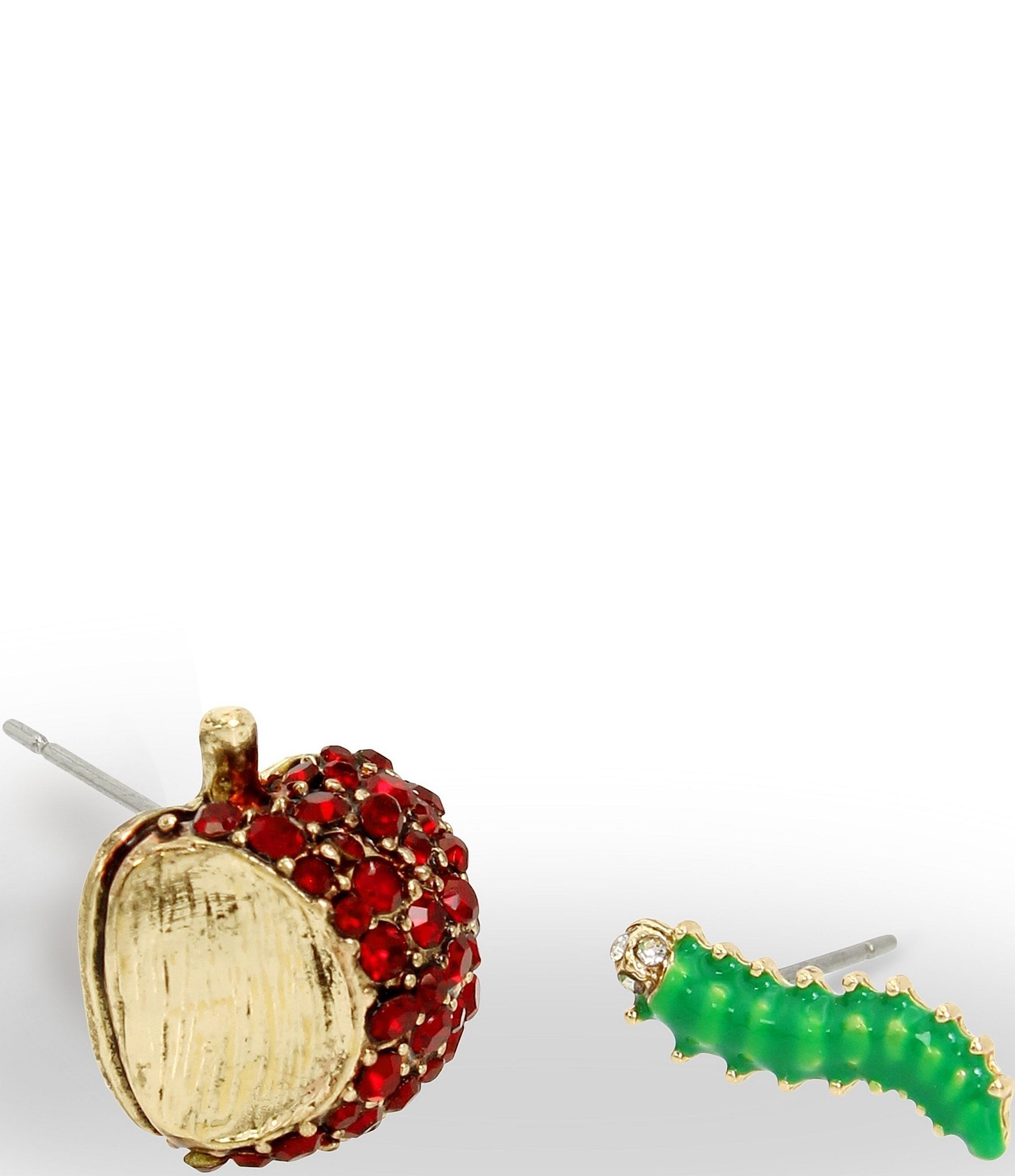 Betsey Johnson Rhinestone Apple & Worm Mismatch Stud Earrings