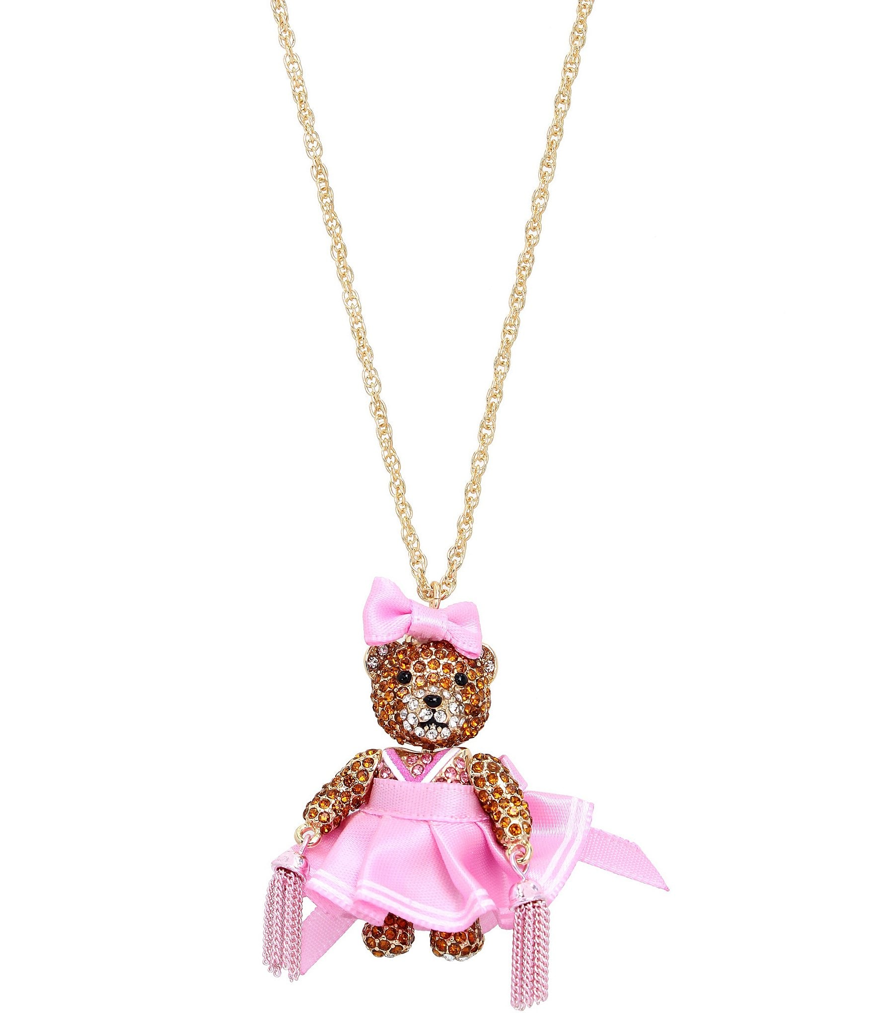 Betsey Johnson Rhinestone Cheerleader Bear Long Pendant Necklace