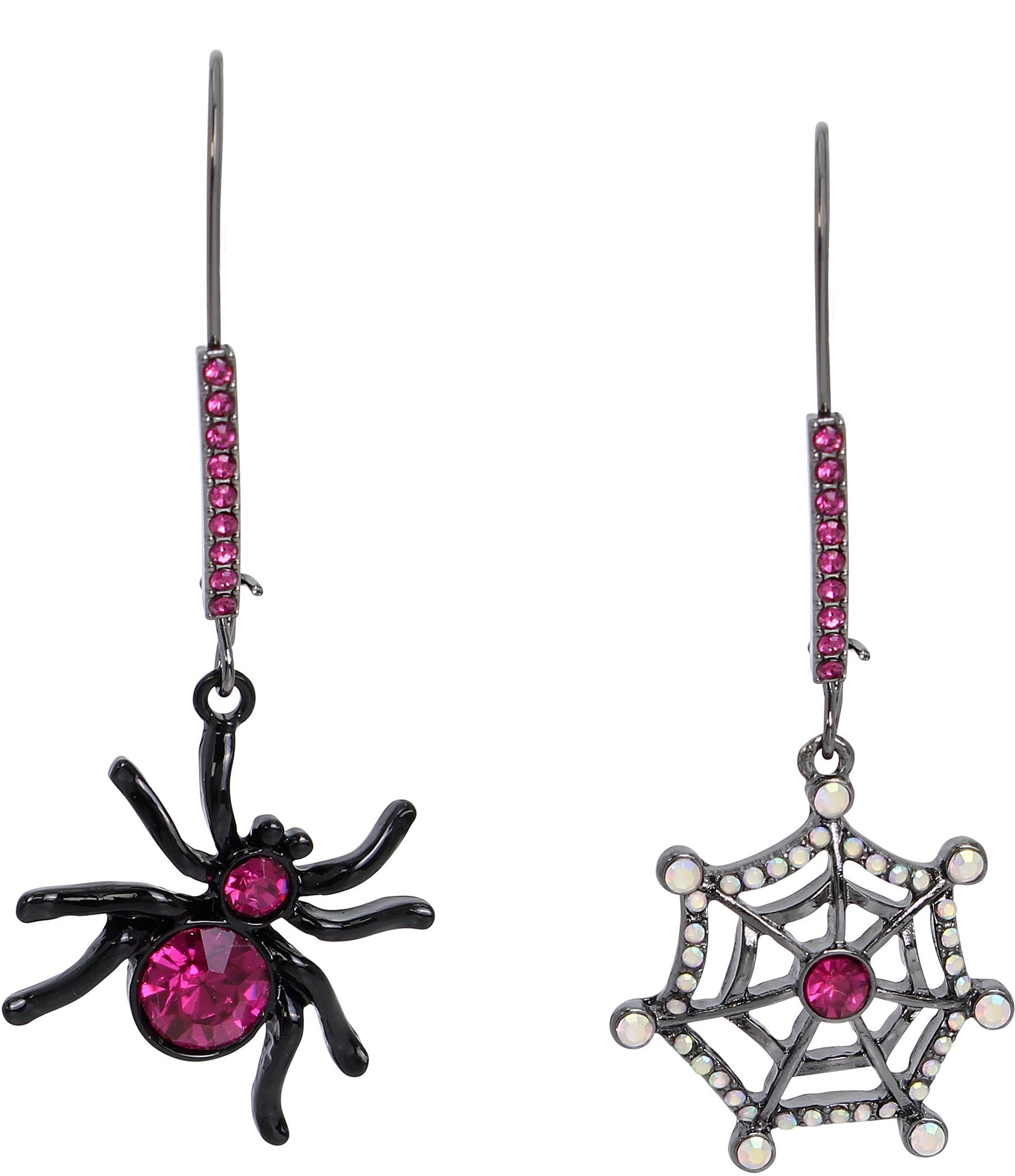 Betsey Johnson Spider Web Rhinestone Mismatch Dangle Drop Earrings