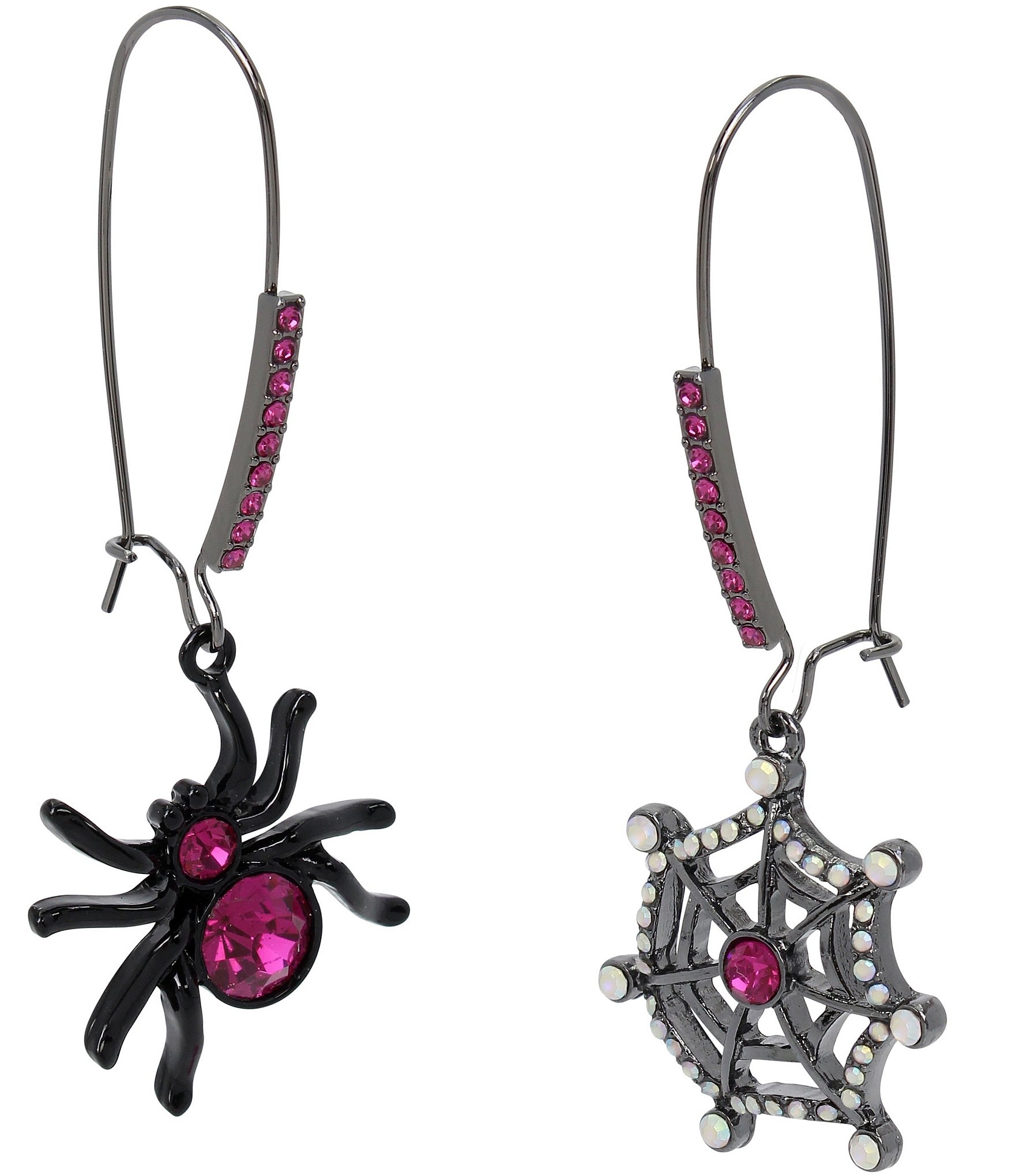 Betsey Johnson Spider Web Rhinestone Mismatch Dangle Drop Earrings