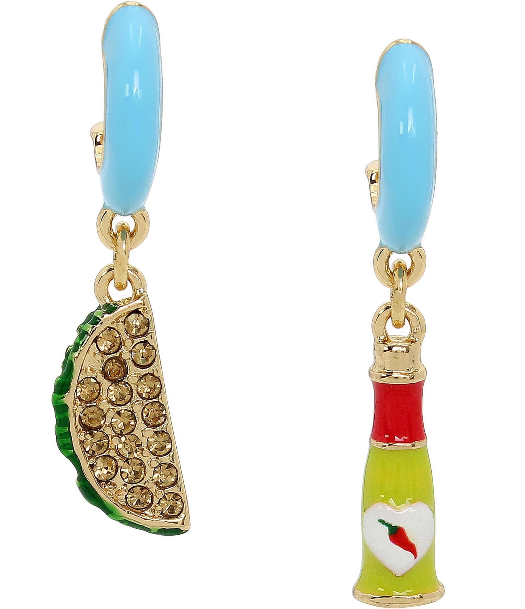 Betsey Johnson Taco Mismatch Rhinestone Charm Huggie Hoop Earrings