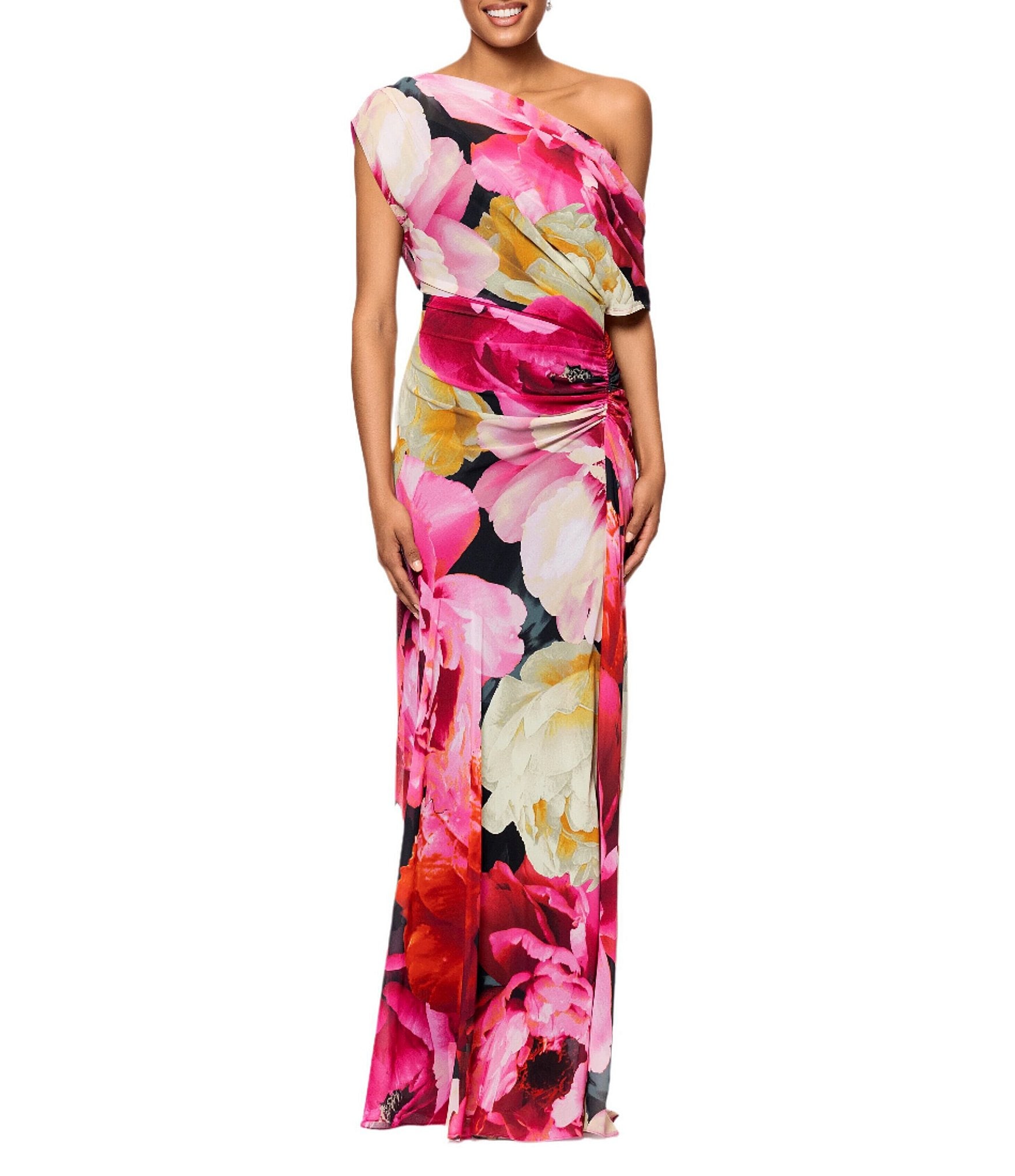 Betsy & Adam Chiffon Floral Print One Shoulder Neck One