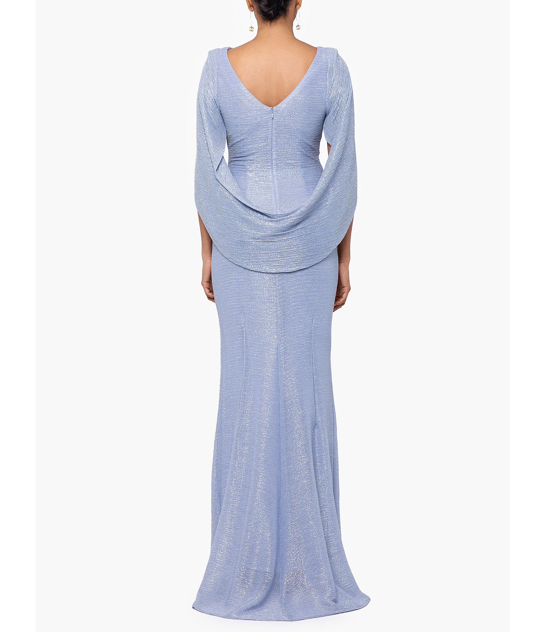Betsy & Adam Drape Back Detail 3/4 Cape Sleeve Draped Round Neck Metallic Crinkle Ruched Sheath Gown