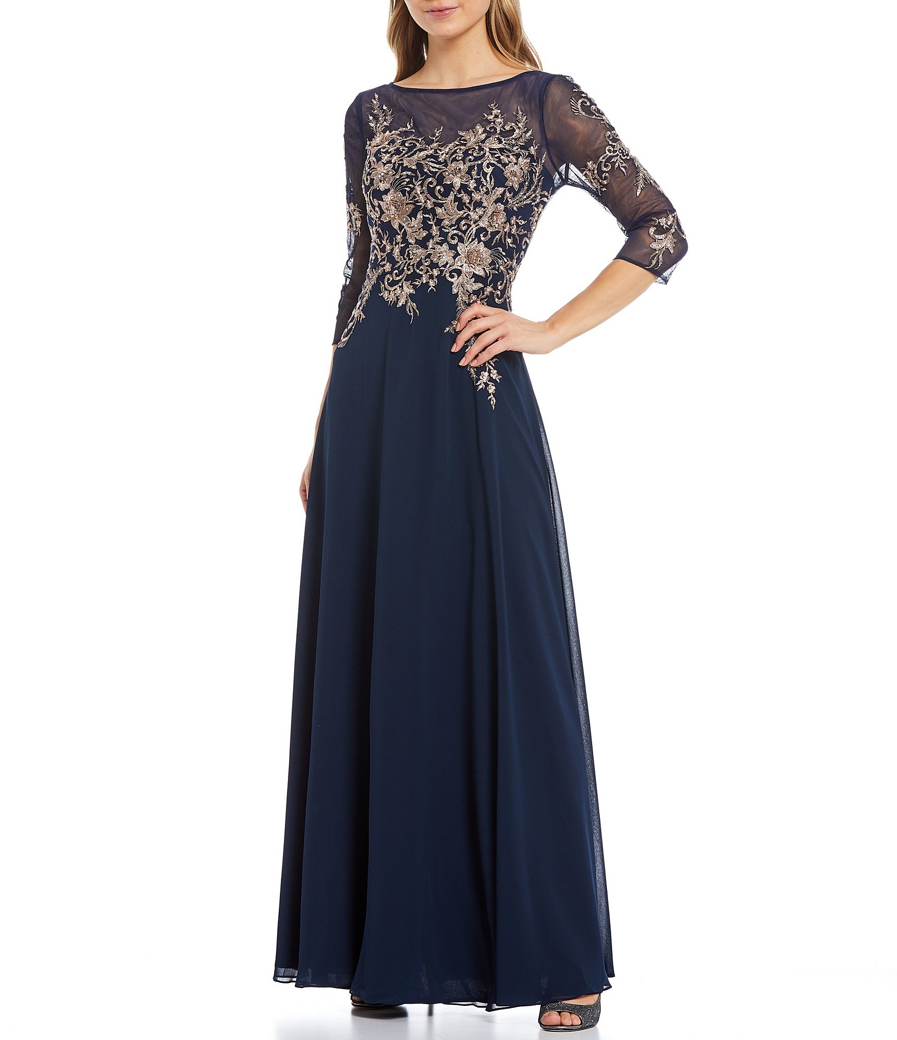 Betsy & Adam Embroidered Bodice Boat Neck 3/4 Sleeve Chiffon Gown ...