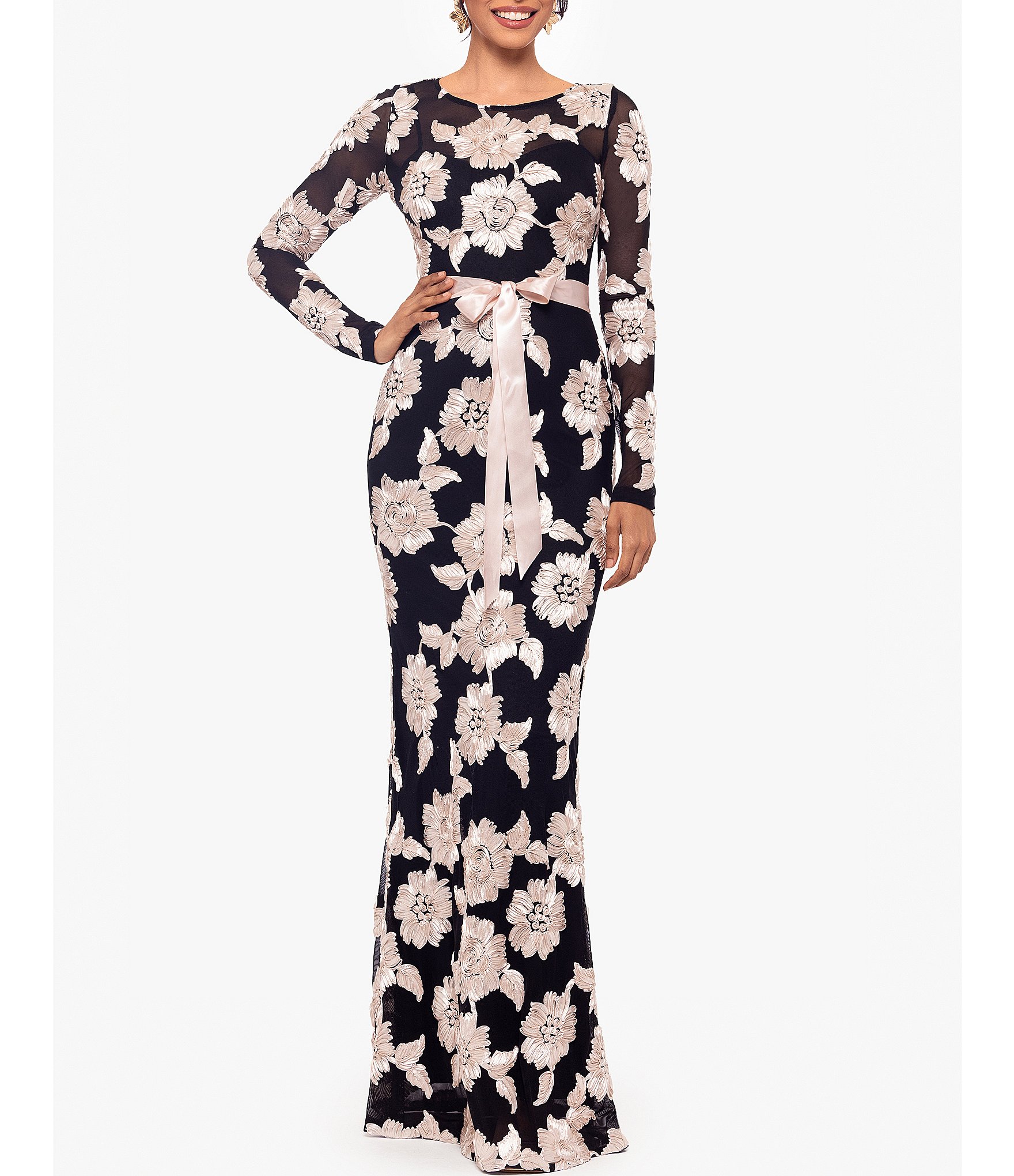 Betsy & Adam Floral Embroidered Mesh Jewel Neck Long Sleeve Tie Waist ...