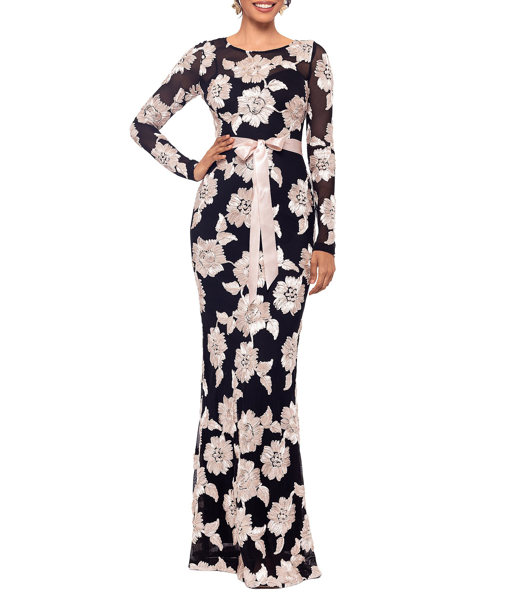 Betsy & Adam Floral Embroidered Mesh Crew Neck Long Sleeve
