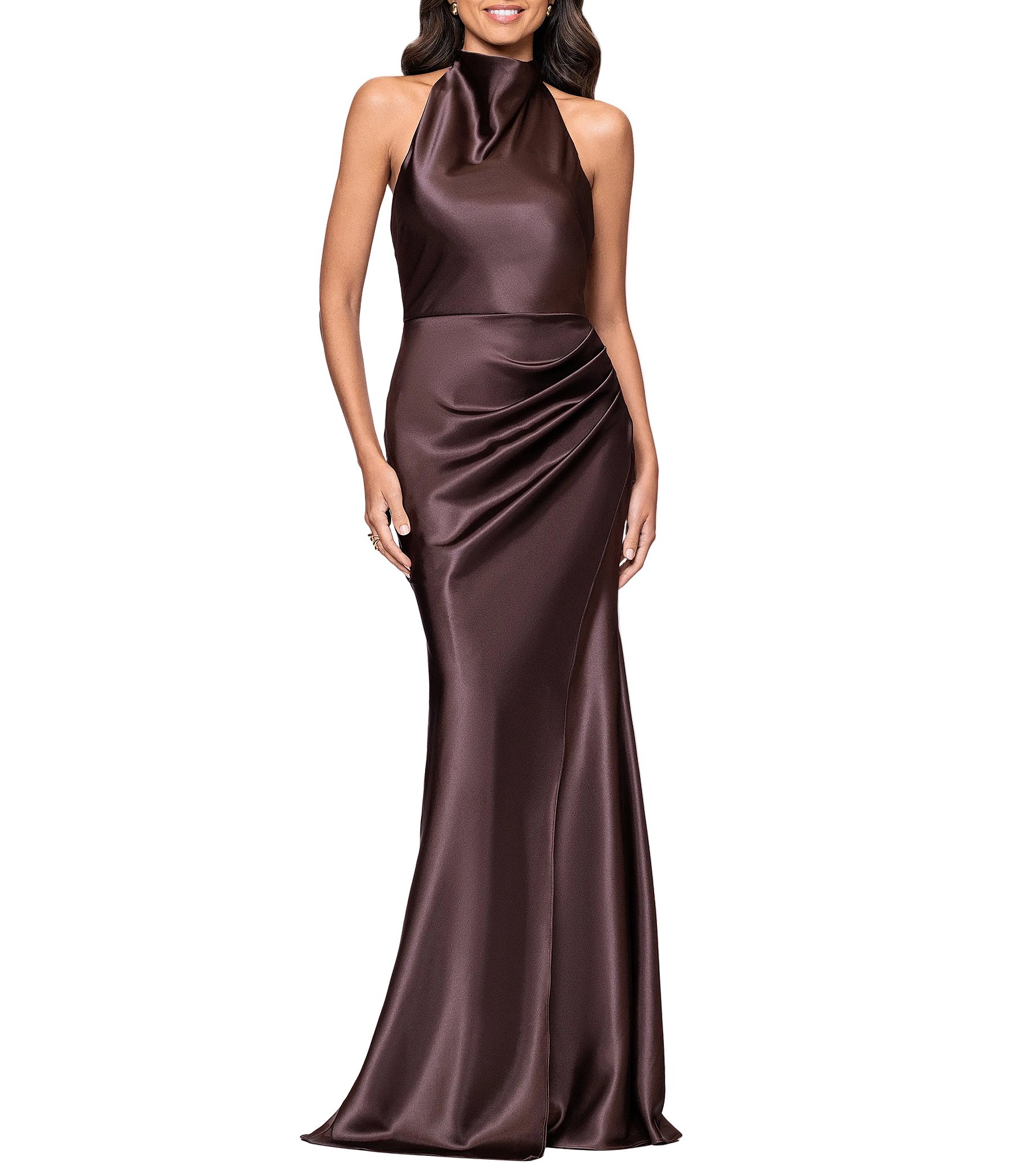 Betsy & Adam Halter Charmeuse Ruched Back Dress