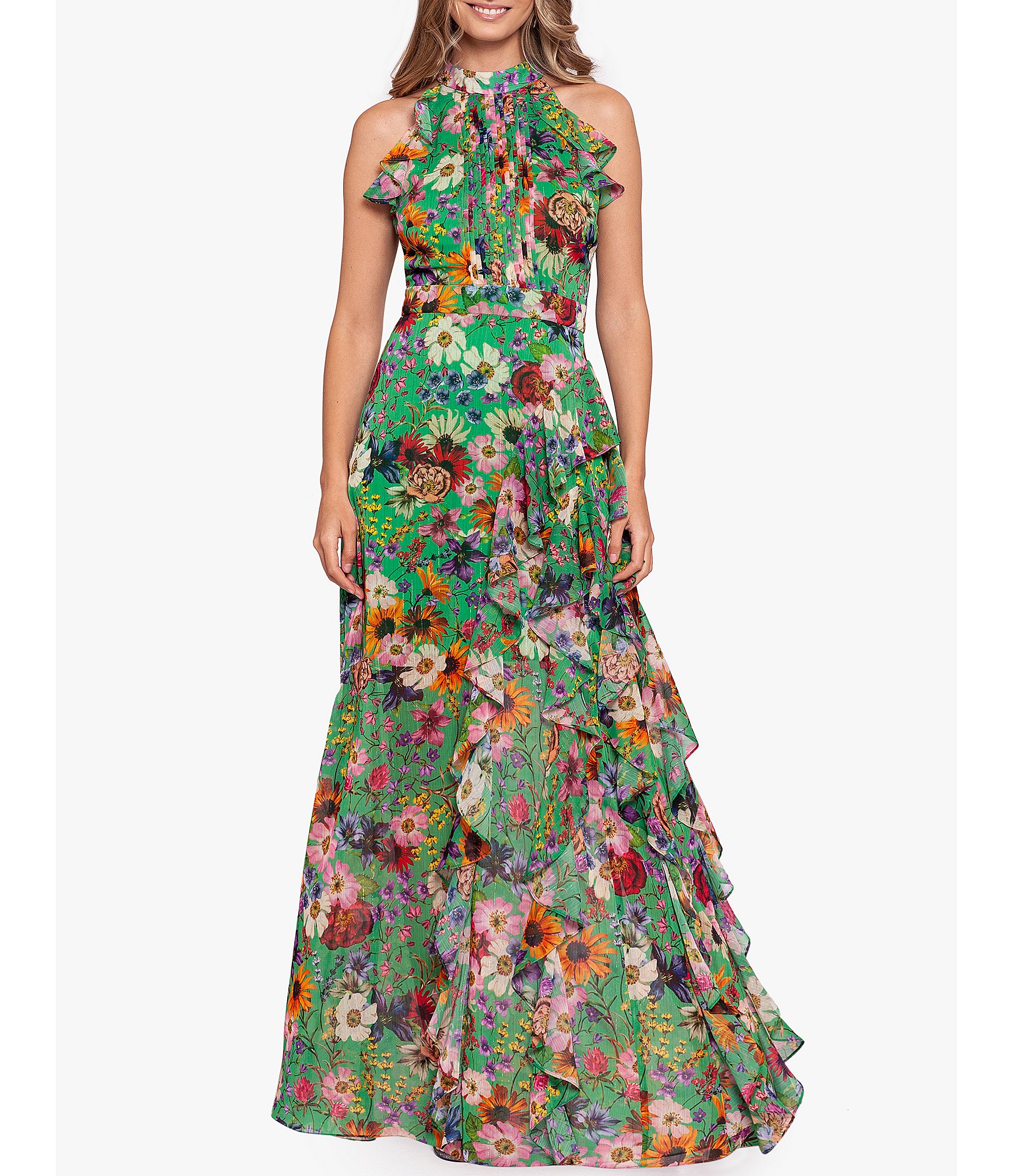 B & Adam Halter Neck Sleeveless Ruffle Front Floral Chiffon Maxi Dress