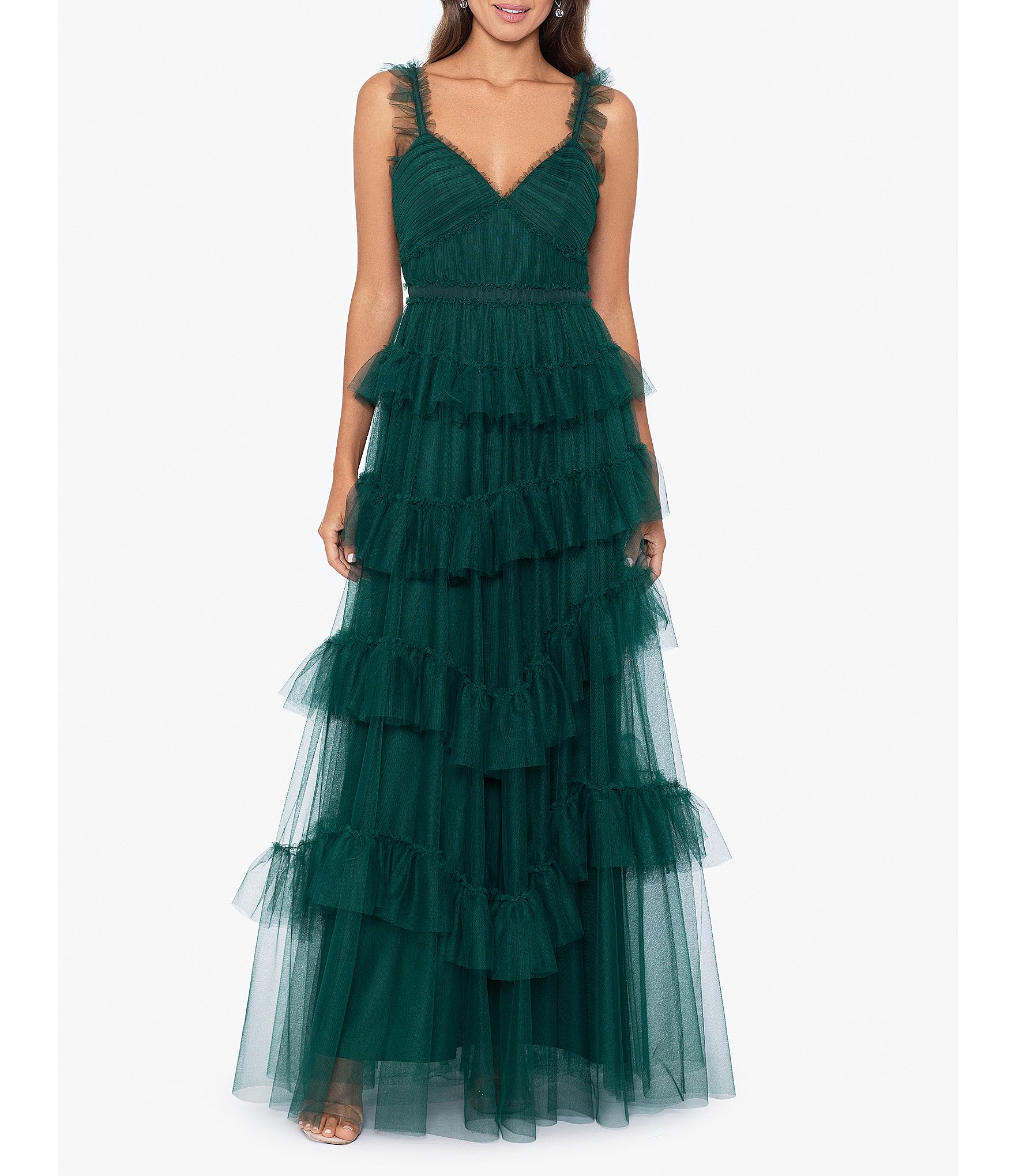 Betsy & Adam Mesh Tiered Ruffle Sleeveless Gown | Dillard's