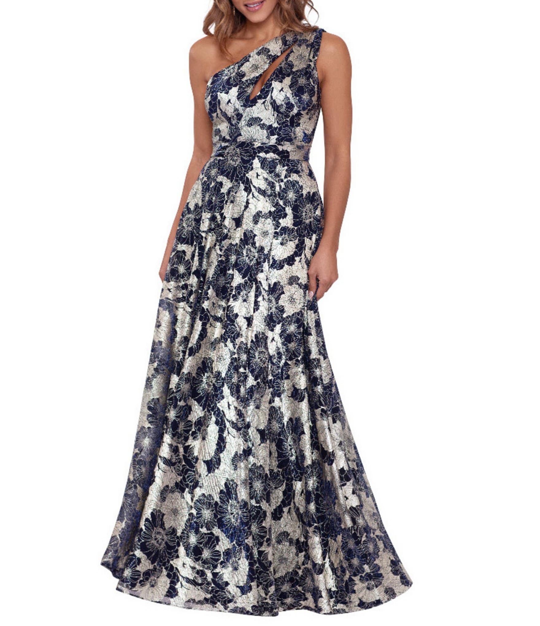 Betsy & Adam Glitter One Shoulder Neck Sleeveless Rosette