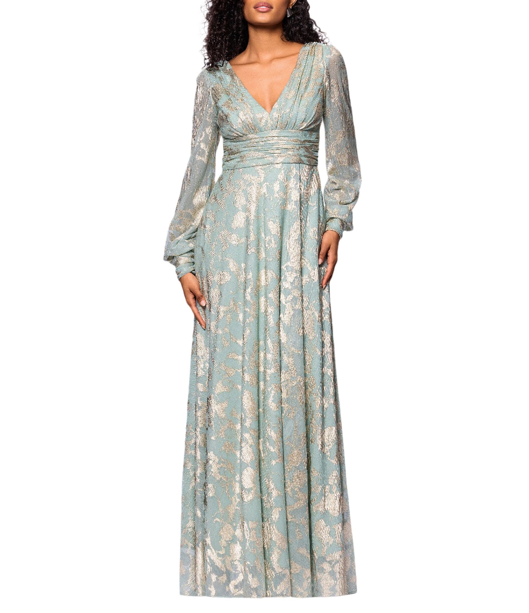 Betsy & Adam Metallic Knit Foiled Print V Neck Long Sleeve A