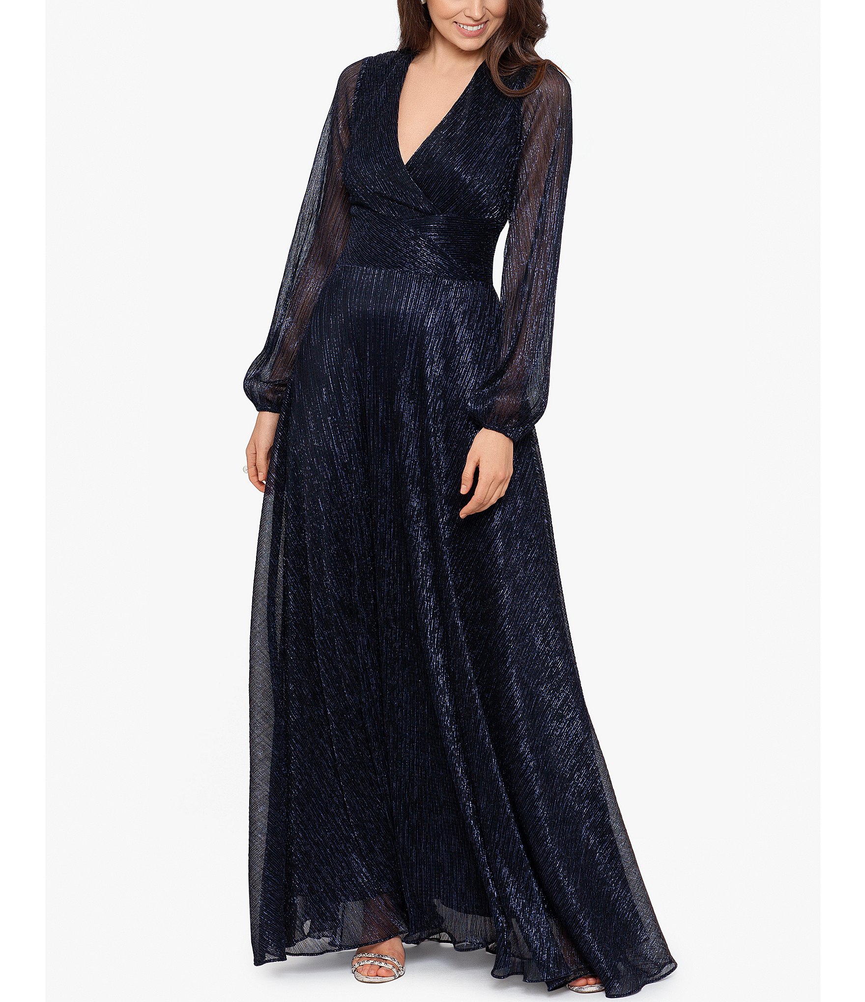 Betsy & Adam Metallic V-Neck Long Sleeve Gown | Dillard's