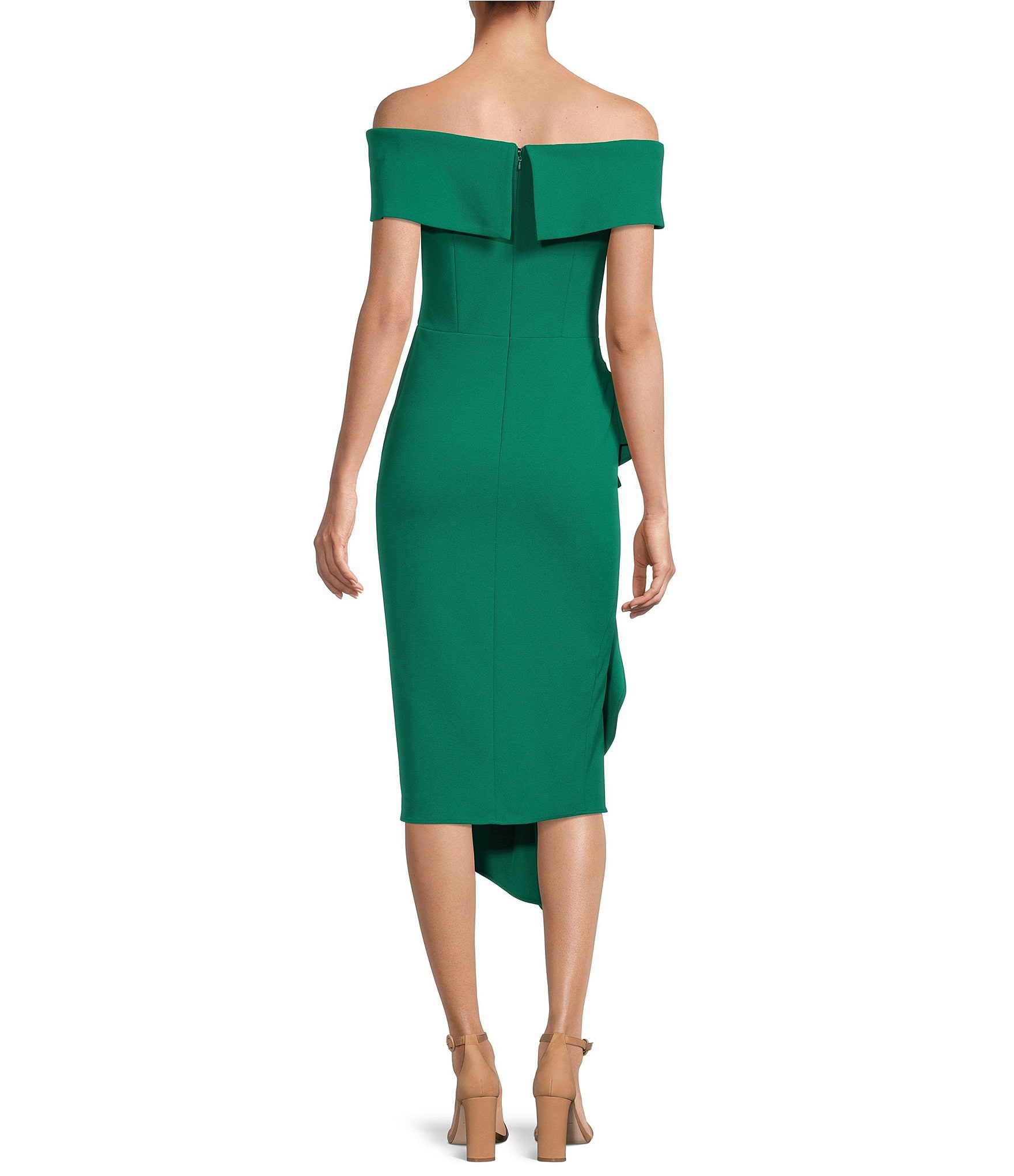 Betsy & Adam Off-the-Shoulder Short Sleeve Stretch Crepe Drape Front Sheath Midi Dress