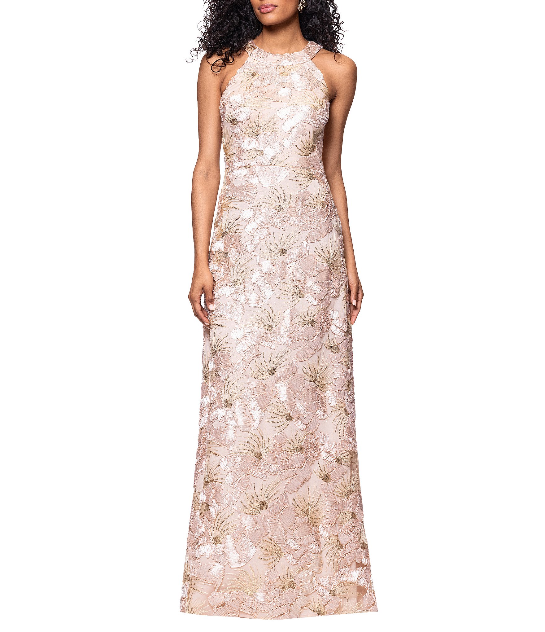 Betsy & Adam Petite Size Floral Sequin Soutache Halter Sleeveless A-Line Gown