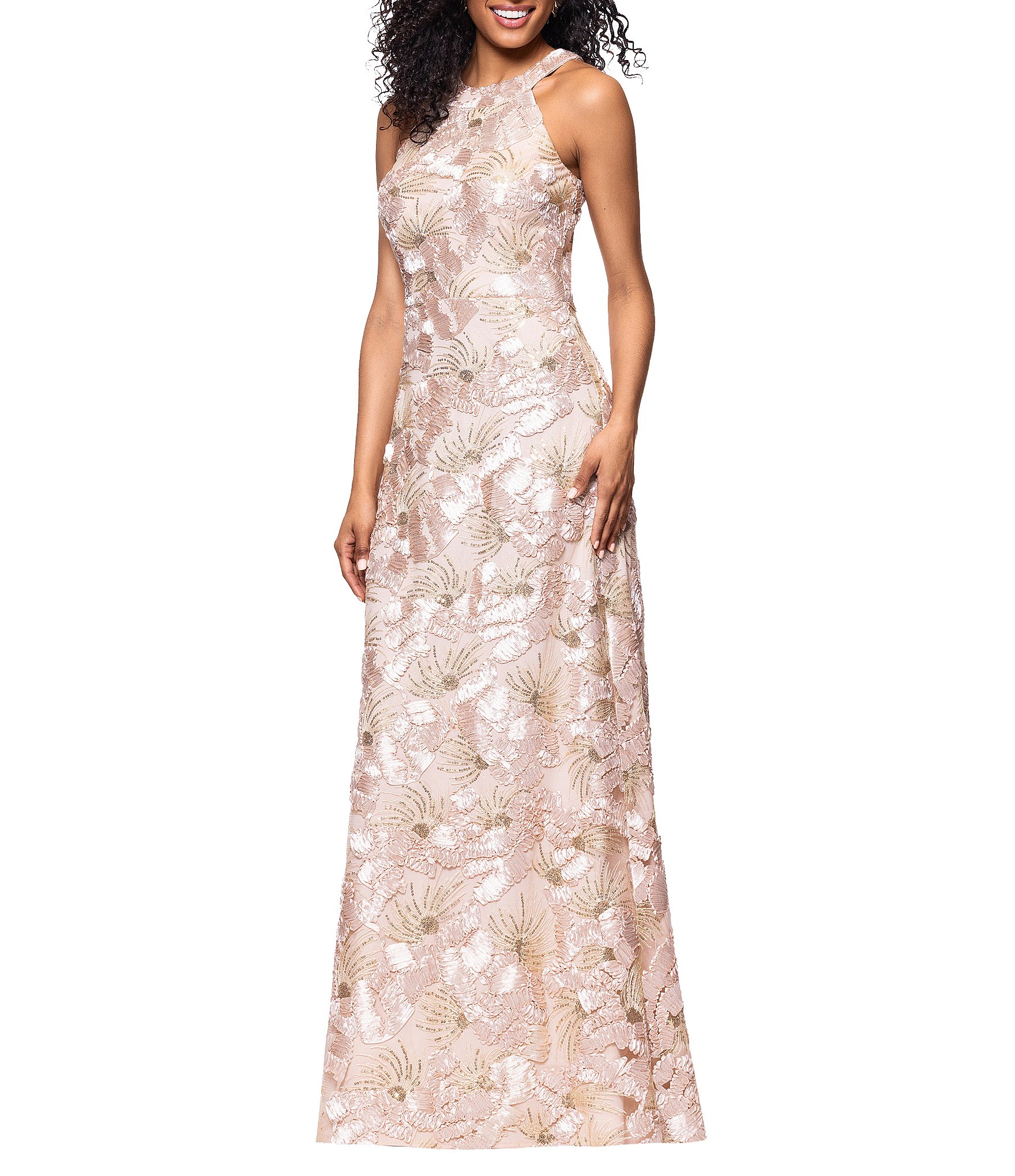 Betsy & Adam Petite Size Floral Sequin Soutache Halter Sleeveless A-Line Gown