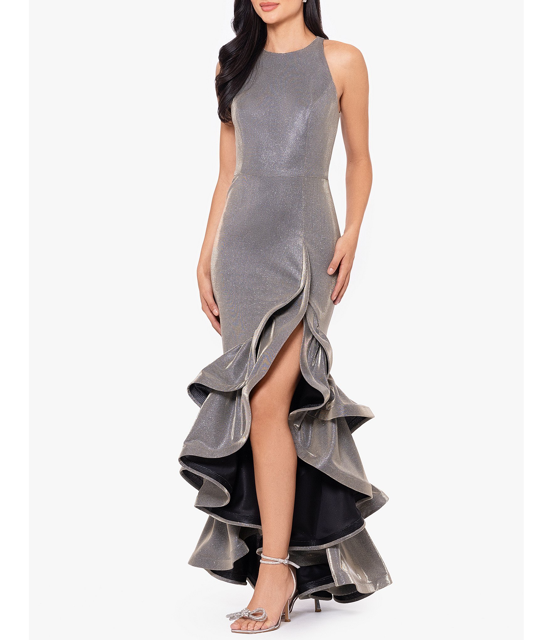 Betsy & Adam Petite Size High-Low Ruffle Hem Crew Neck Sleeveless Glitter Knit Mermaid Gown