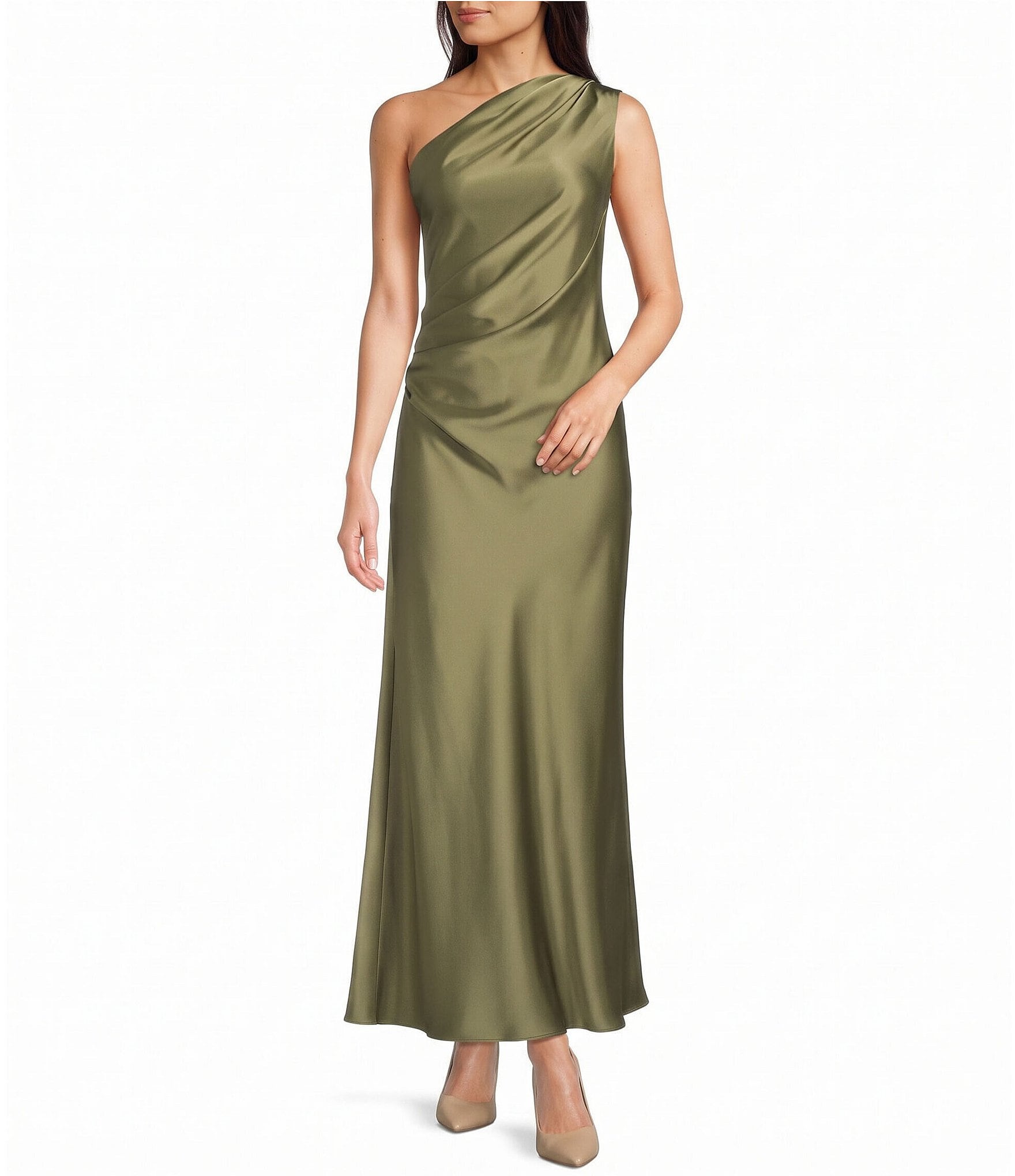 Betsy & Adam Petite Size One Shoulder Satin Long Dress