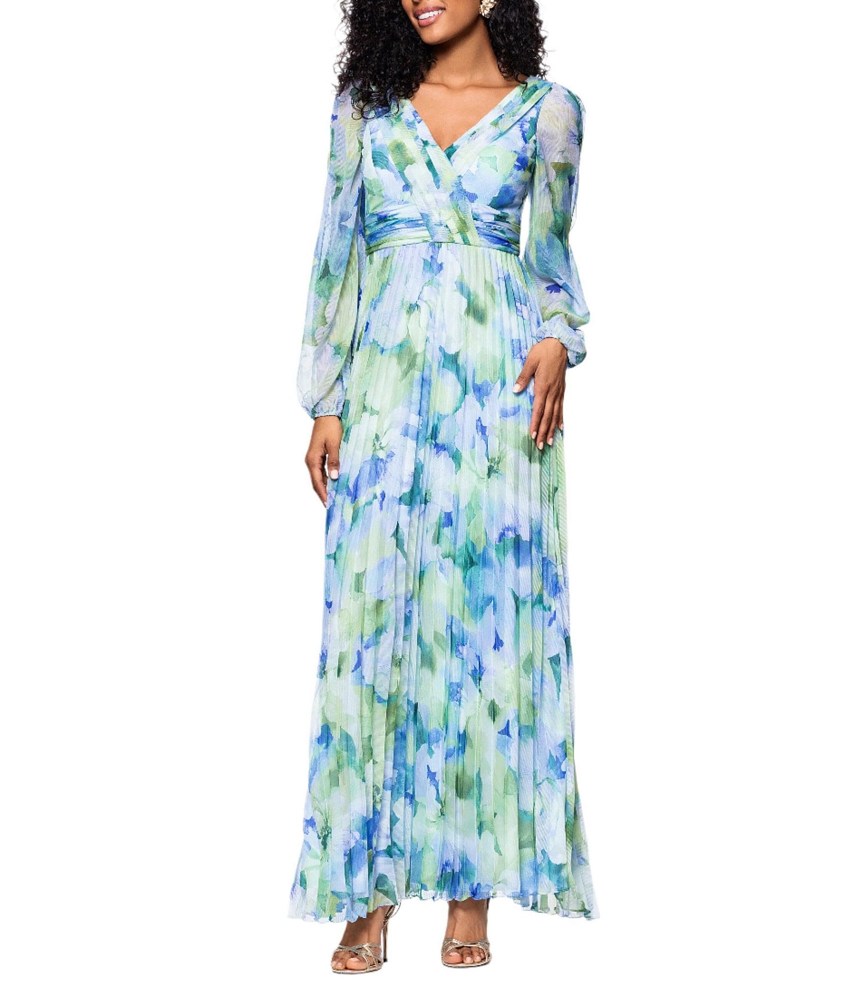 Betsy & Adam Pleated Chiffon Floral Print V-Neck Long Sleeve
