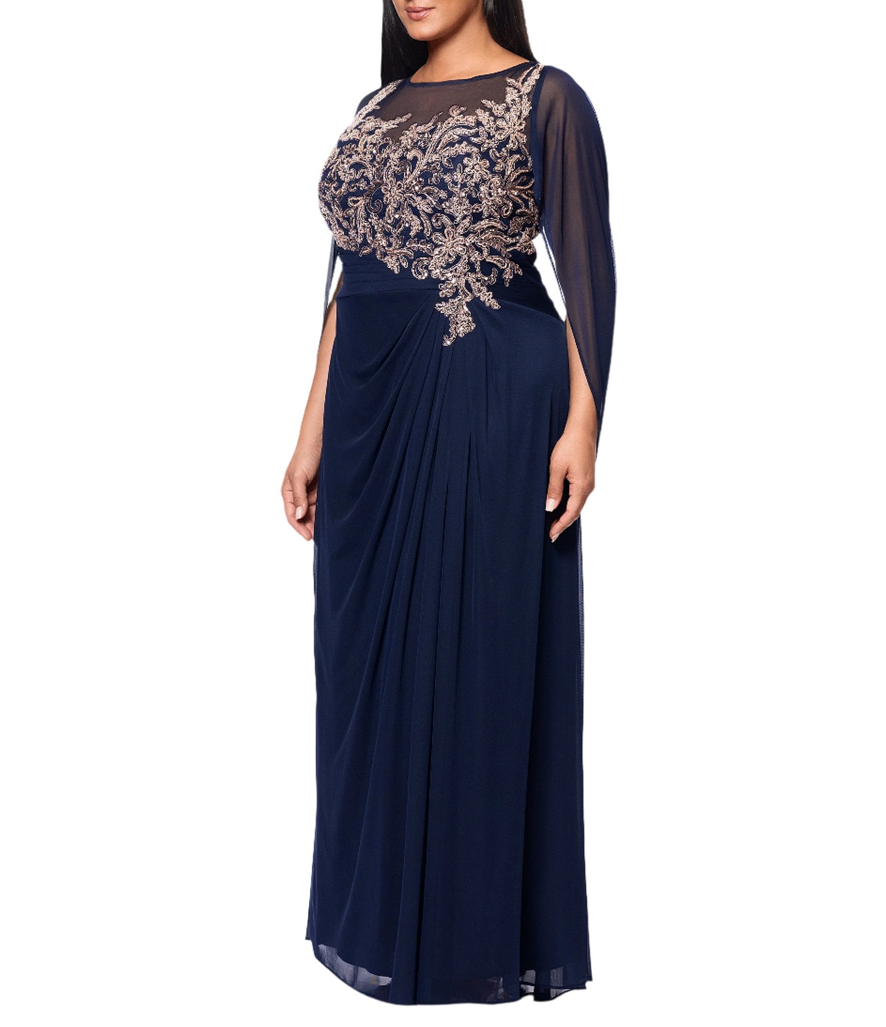 Betsy & Adam Plus Size Boat Neck Cap Sleeve Drape Back Chiffon Applique Sheath Gown
