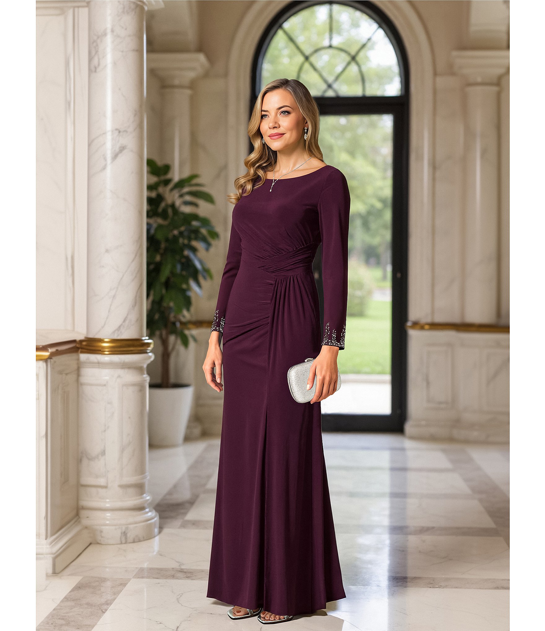 Betsy & Adam Plus Size Boat Neck Embellished Long Sleeve Floor Length Dress
