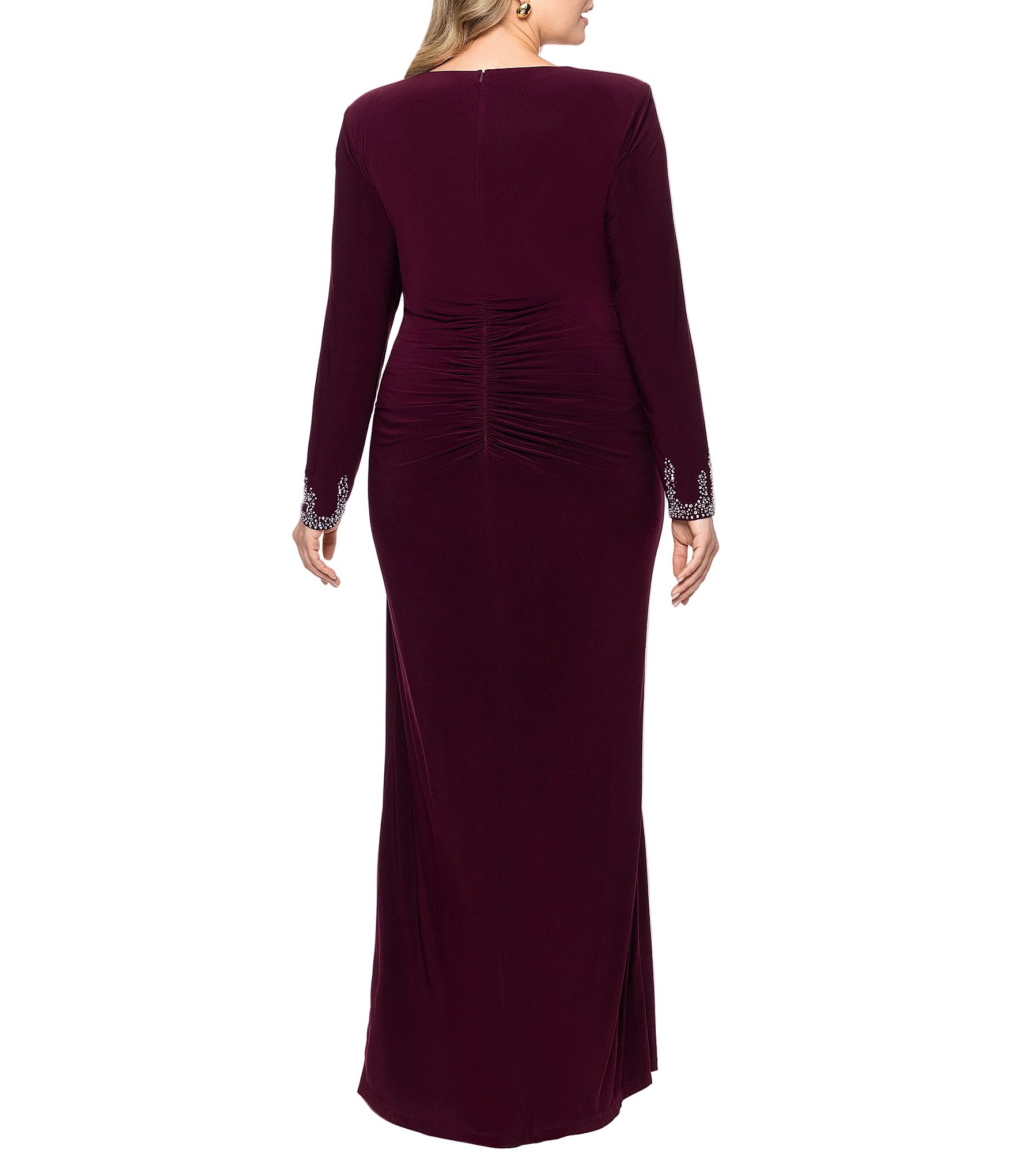 Betsy & Adam Plus Size Boat Neck Embellished Long Sleeve Floor Length Dress
