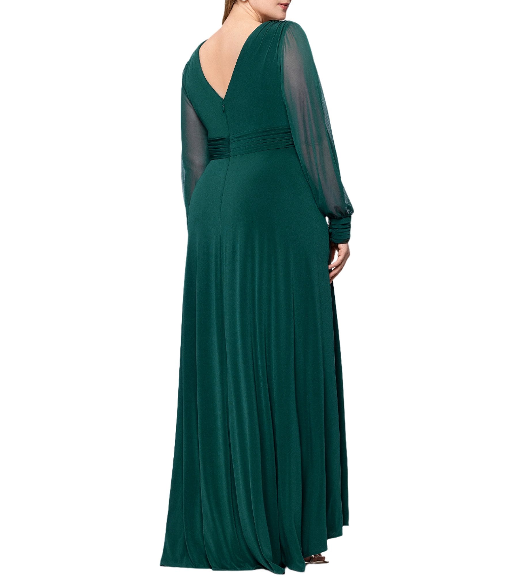 Betsy & Adam Plus Size Chiffon Mesh V-Neck Long Sleeve Gown