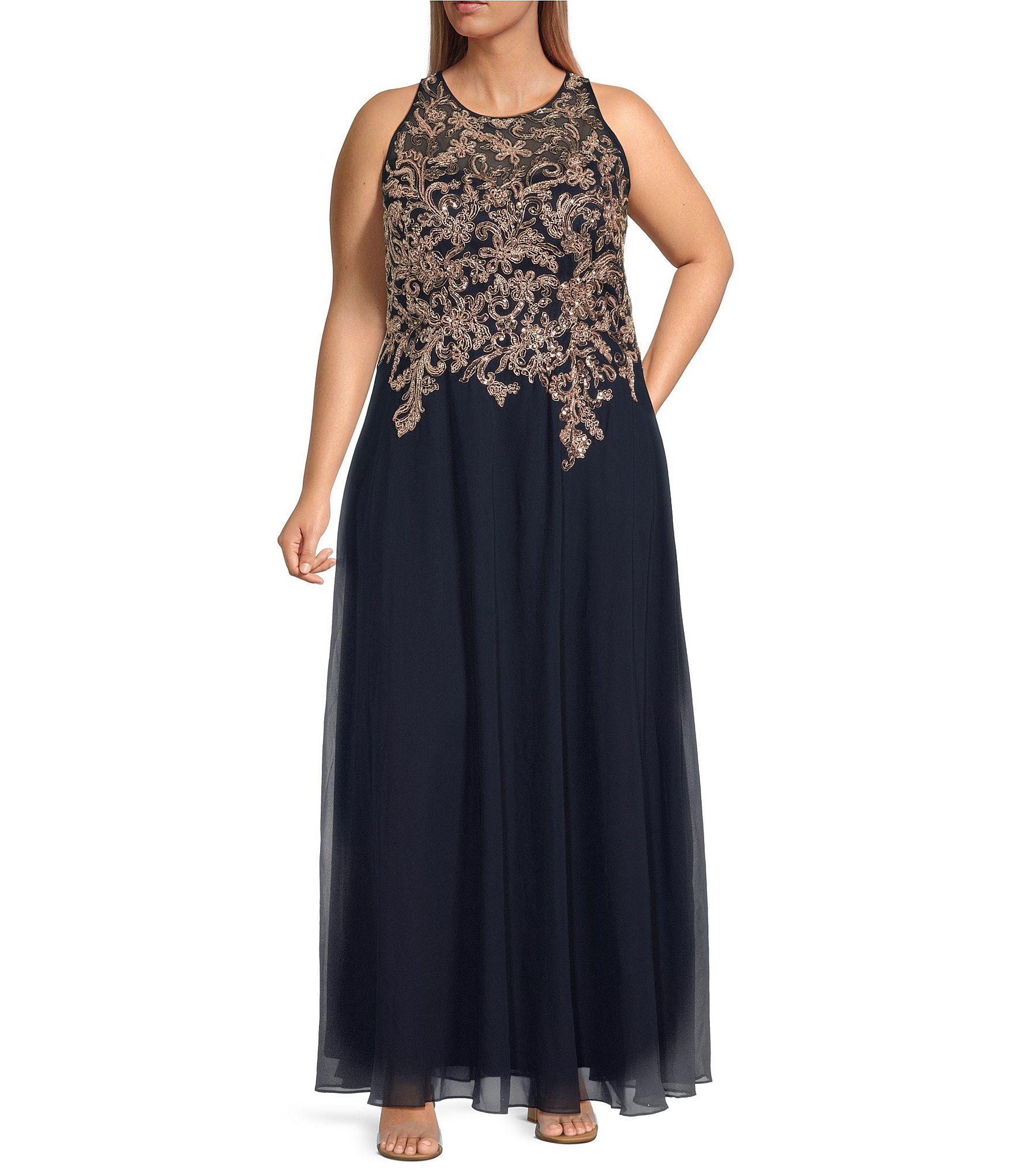 Betsy & Adam Plus Size Halter Neck Sleeveless Beaded A Line Chiffon Gown