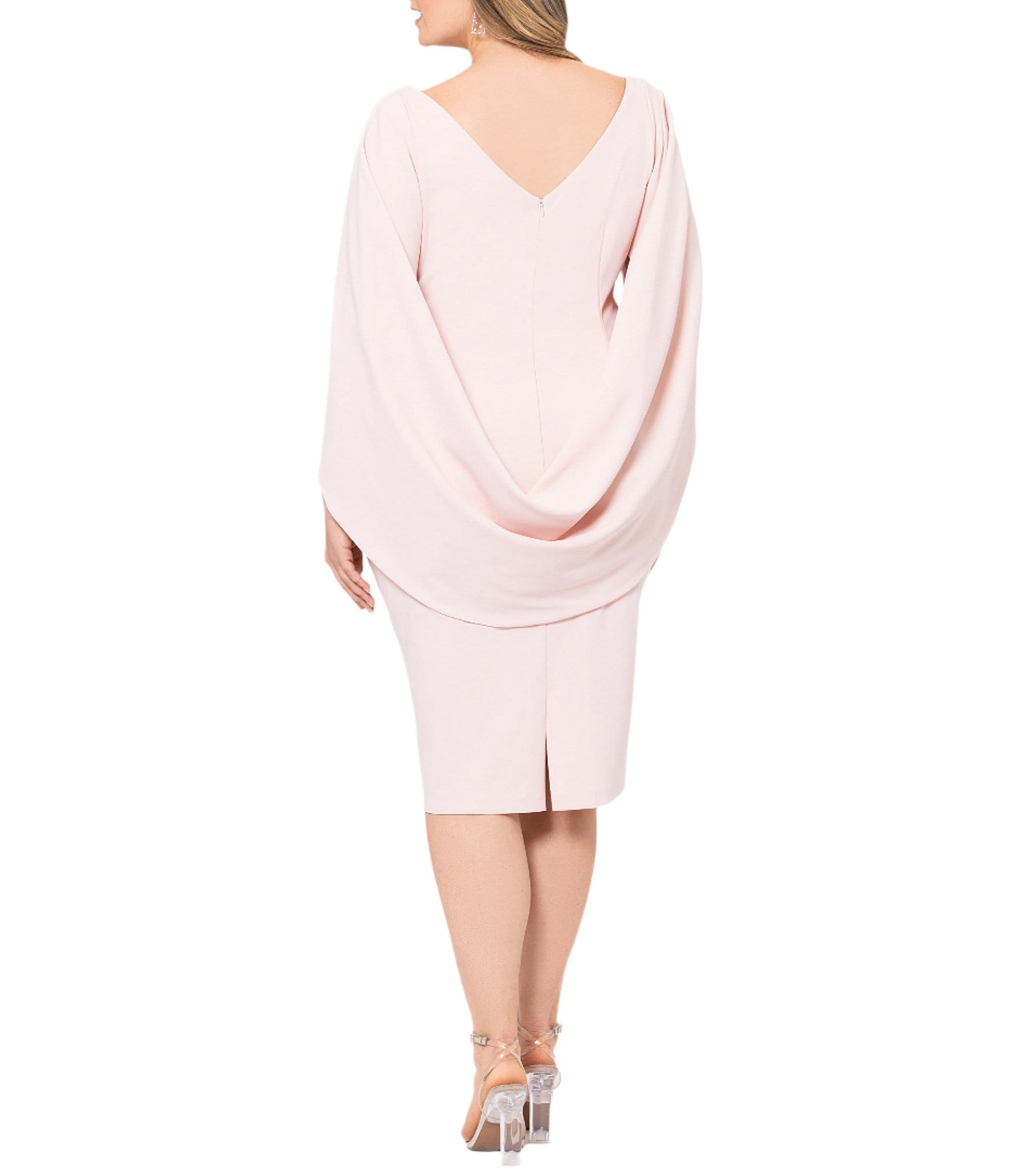 Betsy & Adam Plus Size Round Neck Draped Back 3/4 Sleeve Ruched Front Stretch Sheath Dress