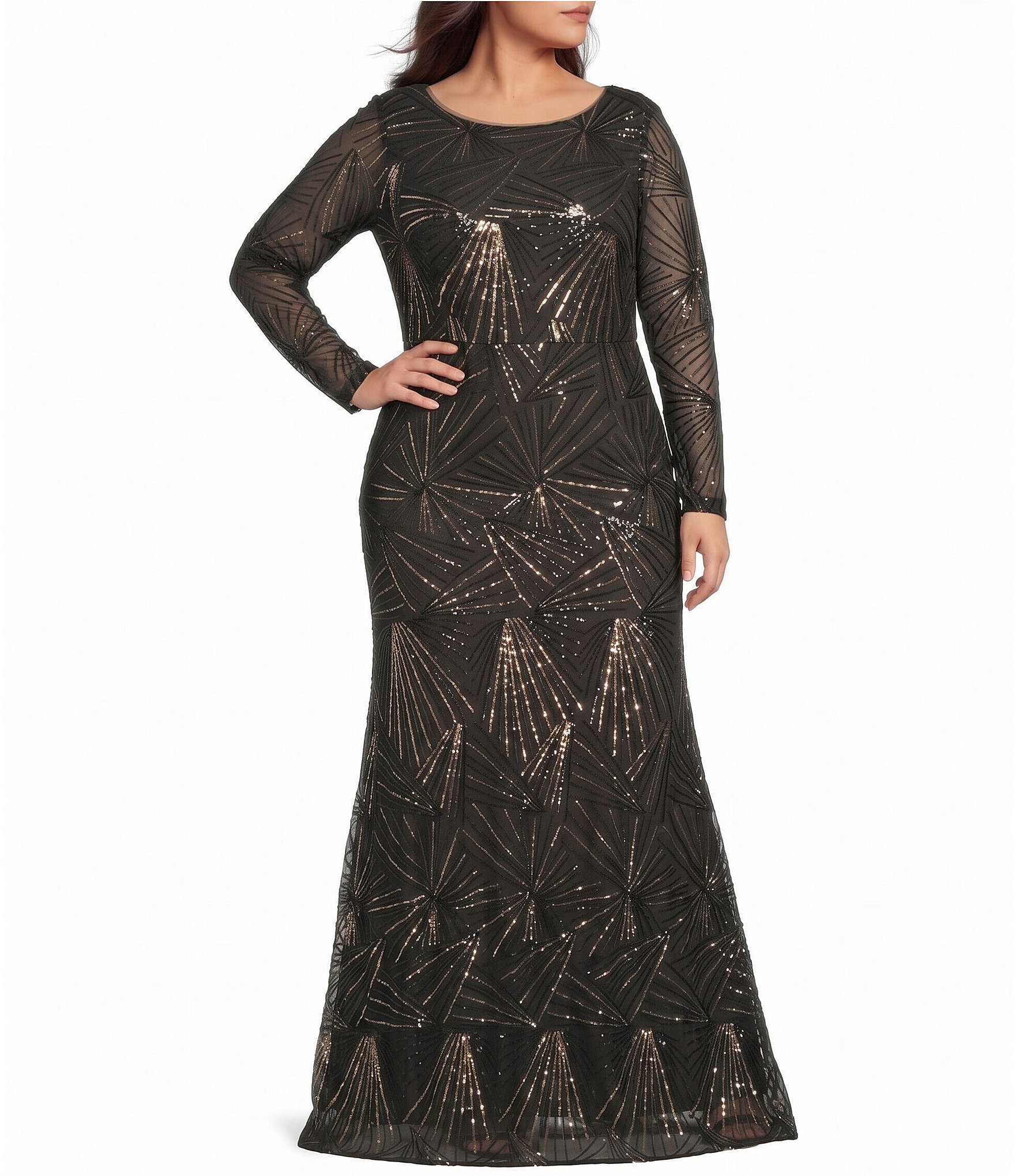 Betsy & Adam Plus Size Sequin Boat Neck Long Sleeve Full Length Dress