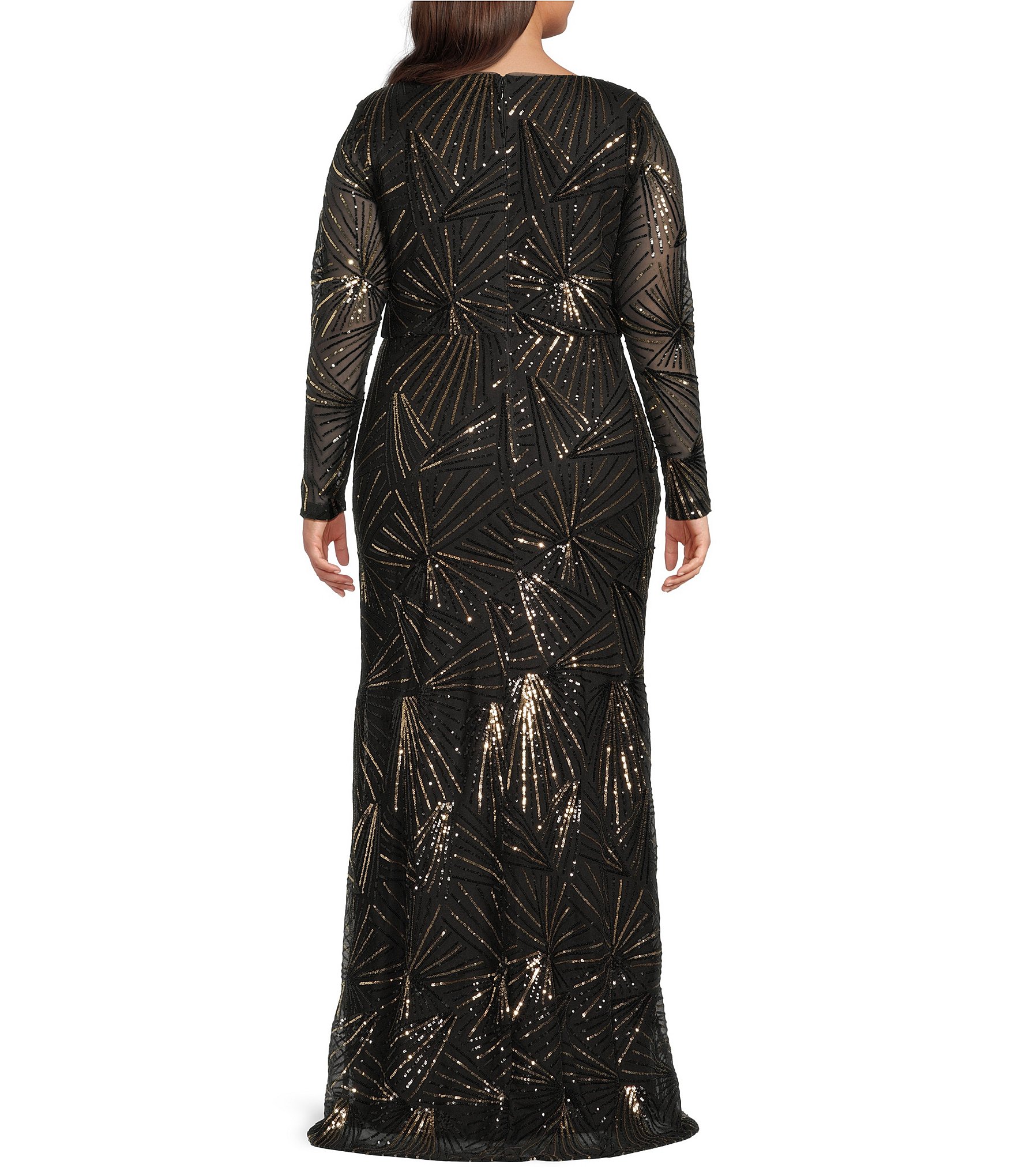 Betsy & Adam Plus Size Sequin Boat Neck Long Sleeve Full Length Dress