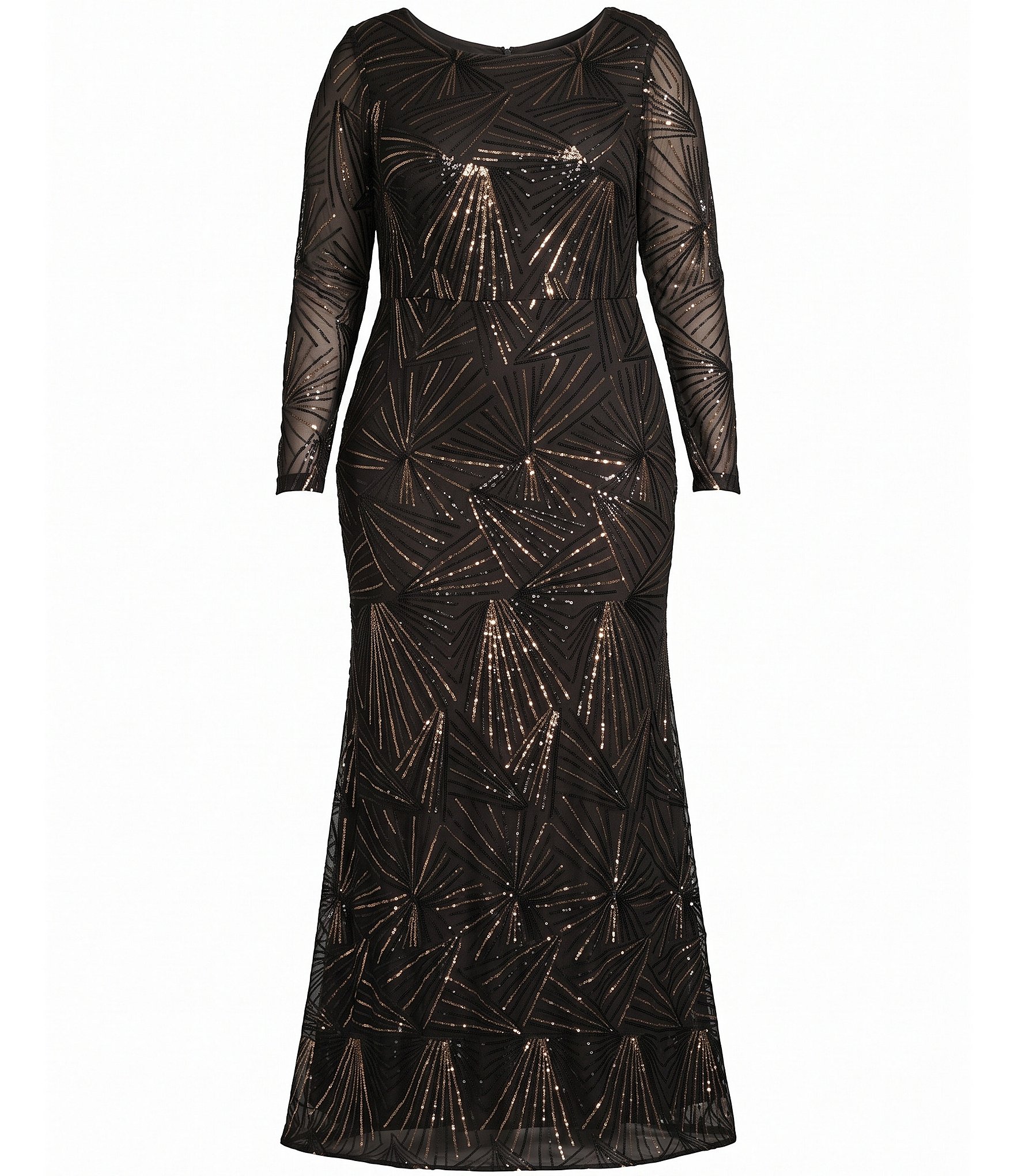 Betsy & Adam Plus Size Sequin Boat Neck Long Sleeve Full Length Dress