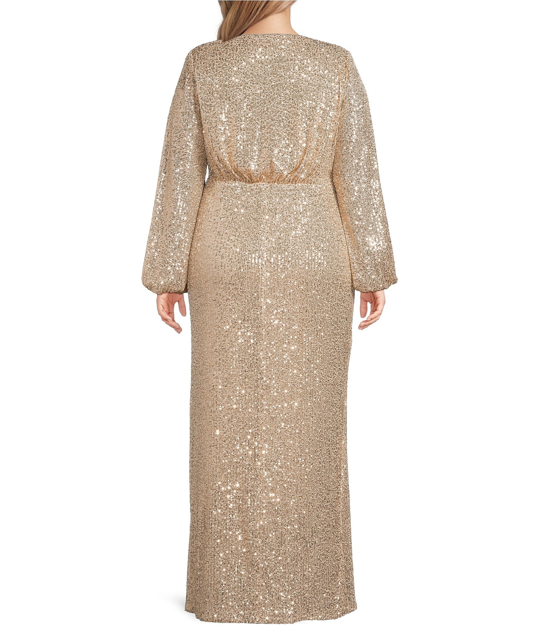 Betsy & Adam Plus Size Sequin V-Neck Wrap Long Sleeve Ruched Gown