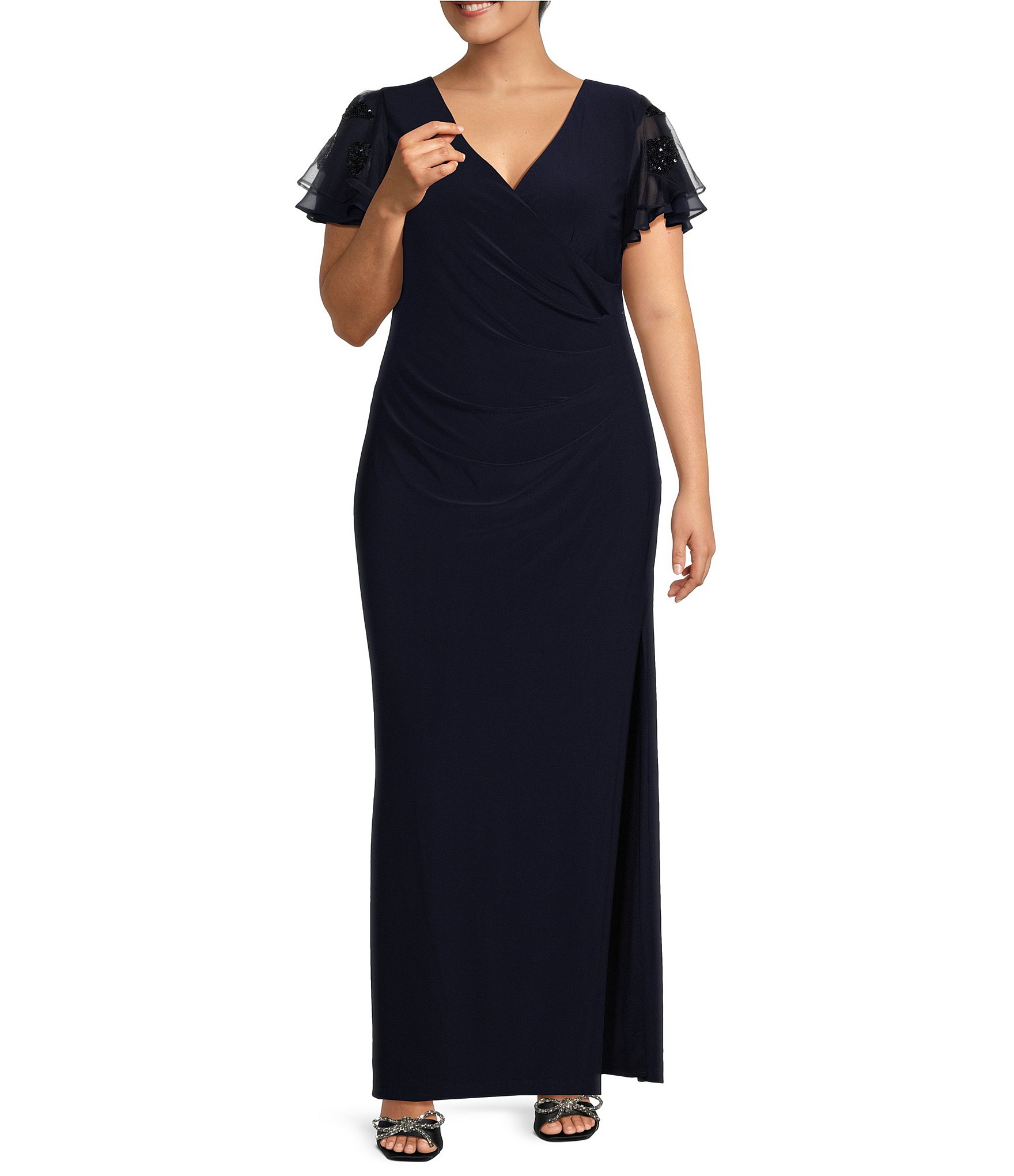 Betsy & Adam Plus Size Short Sequin Flutter Sleeve V-Neck Dress | Dillard's