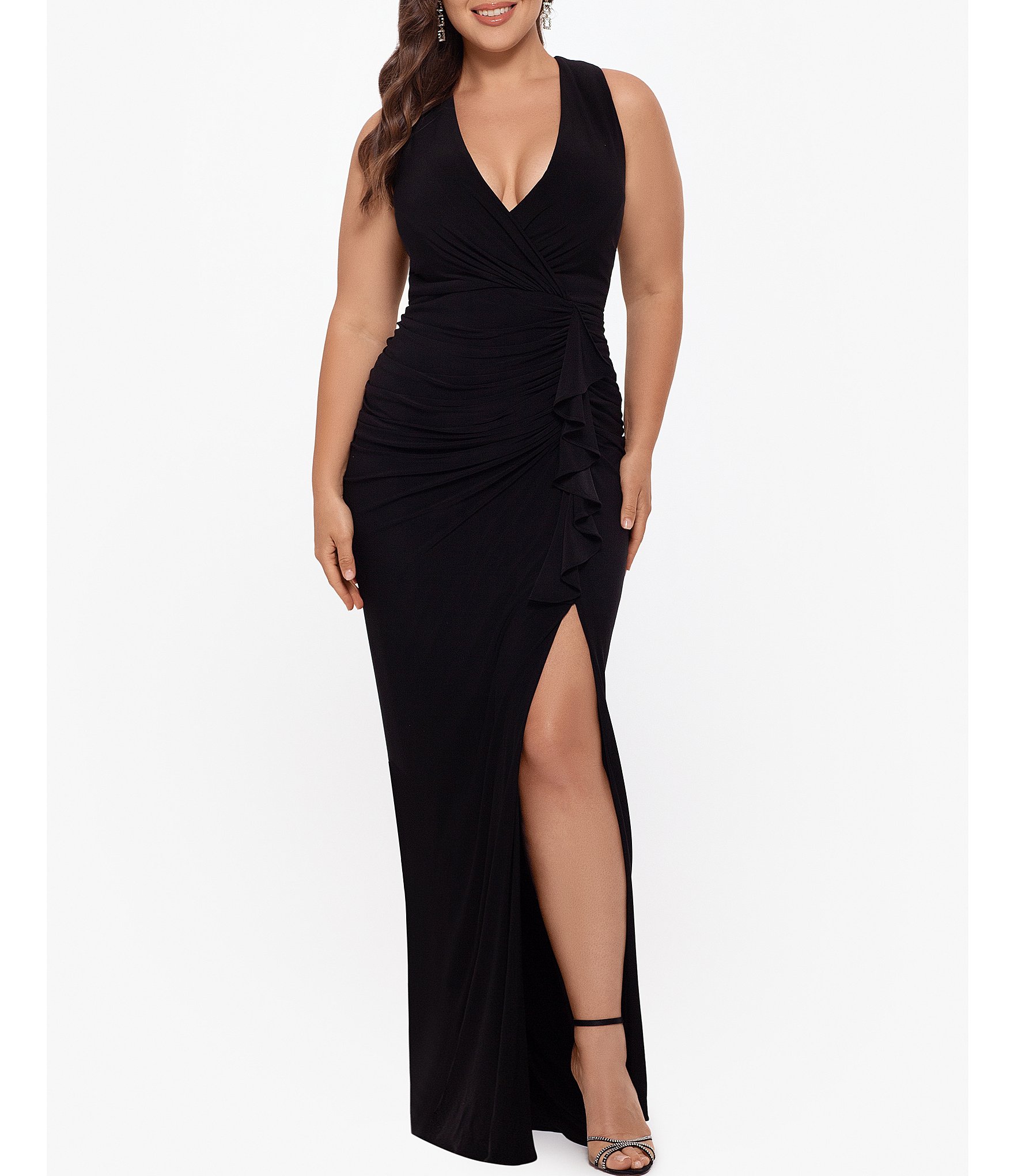 Betsy & Adam Plus Size Sleeveless V-Neck Ruffle Ruched Waist Gown ...