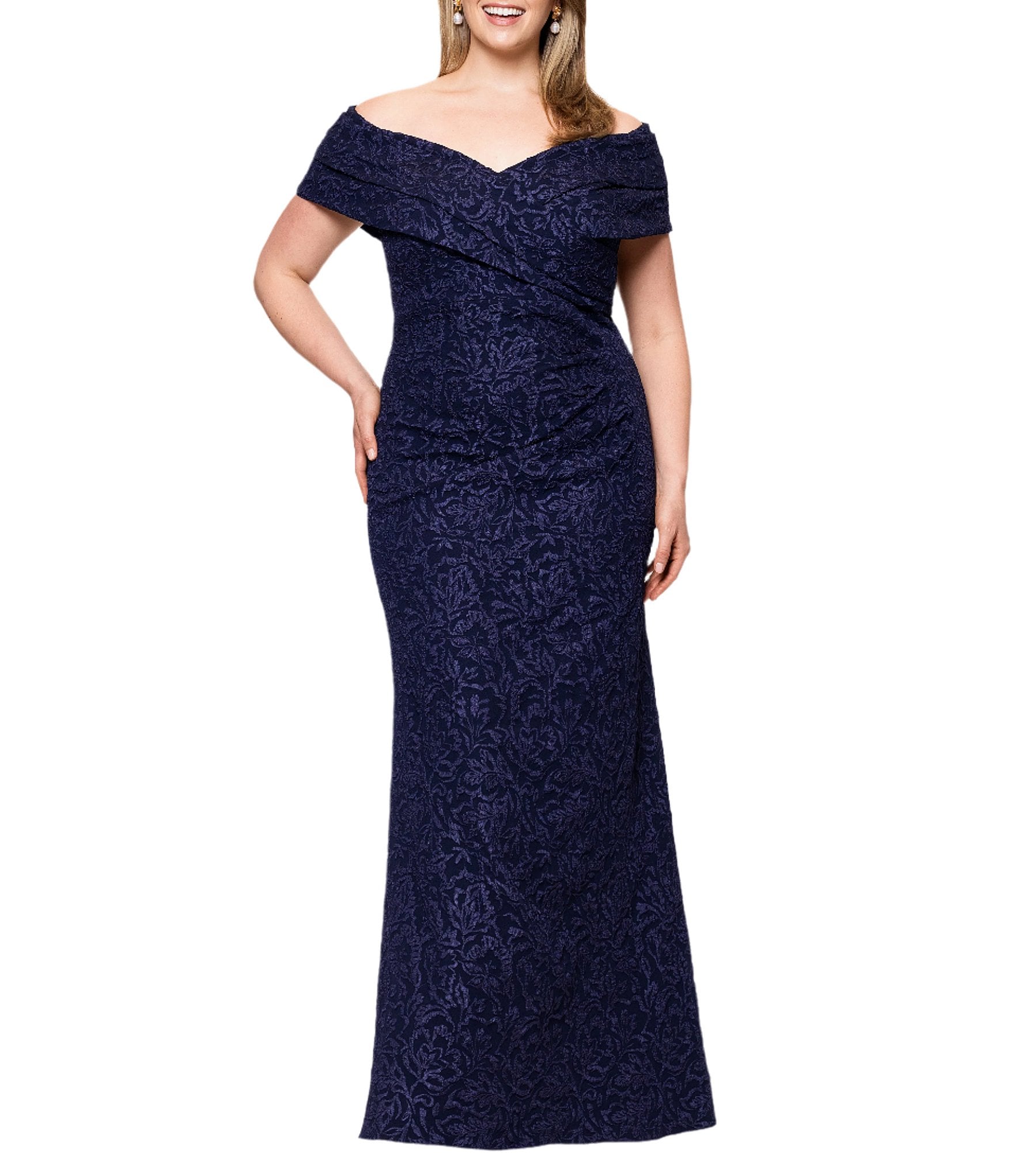 Betsy & Adam Plus Size Stretch Jacquard Off-the-Shoulder Dress