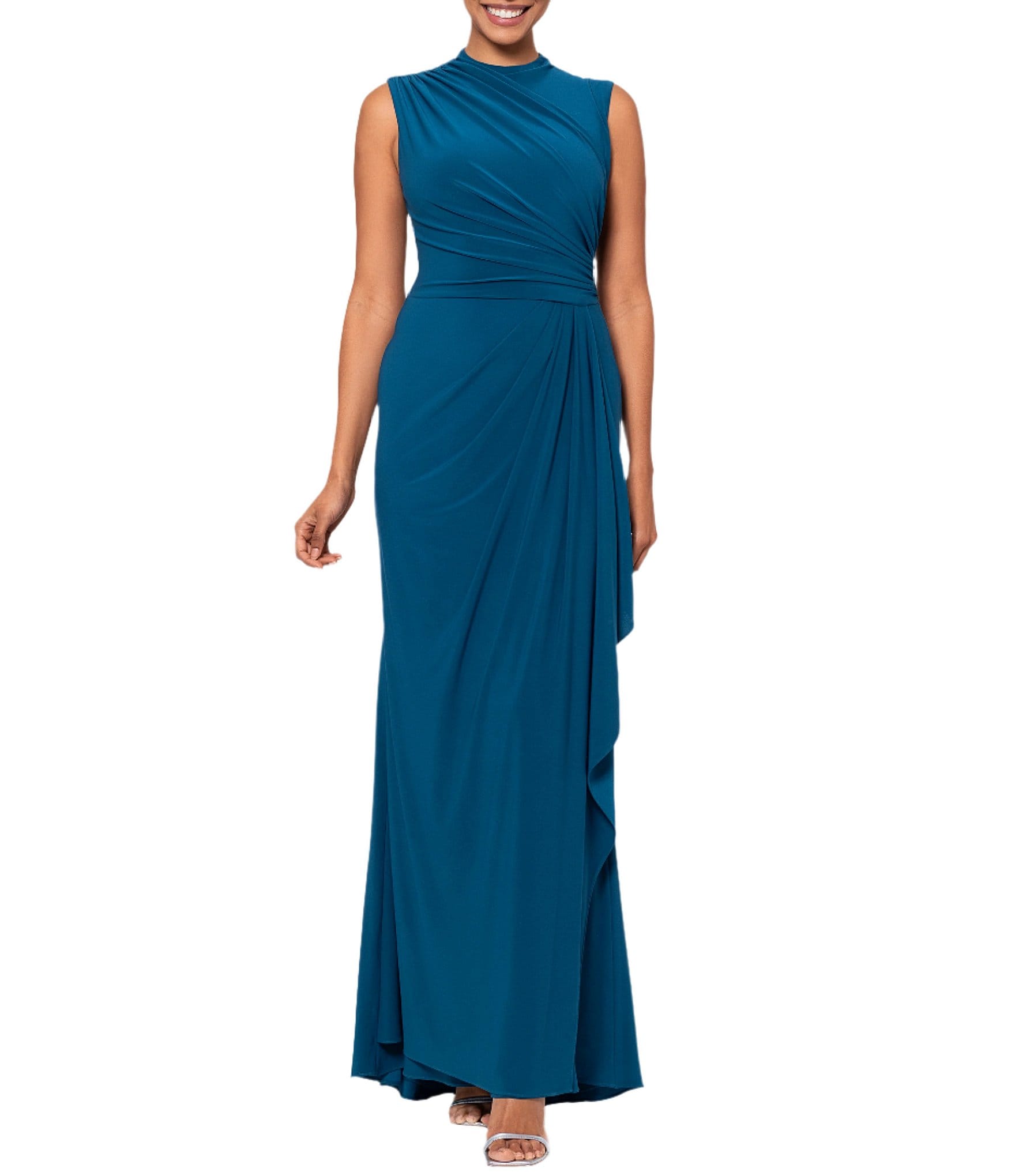 Betsy & Adam Ruched Mock Neck Sleeveless Gathered Pleat Gown