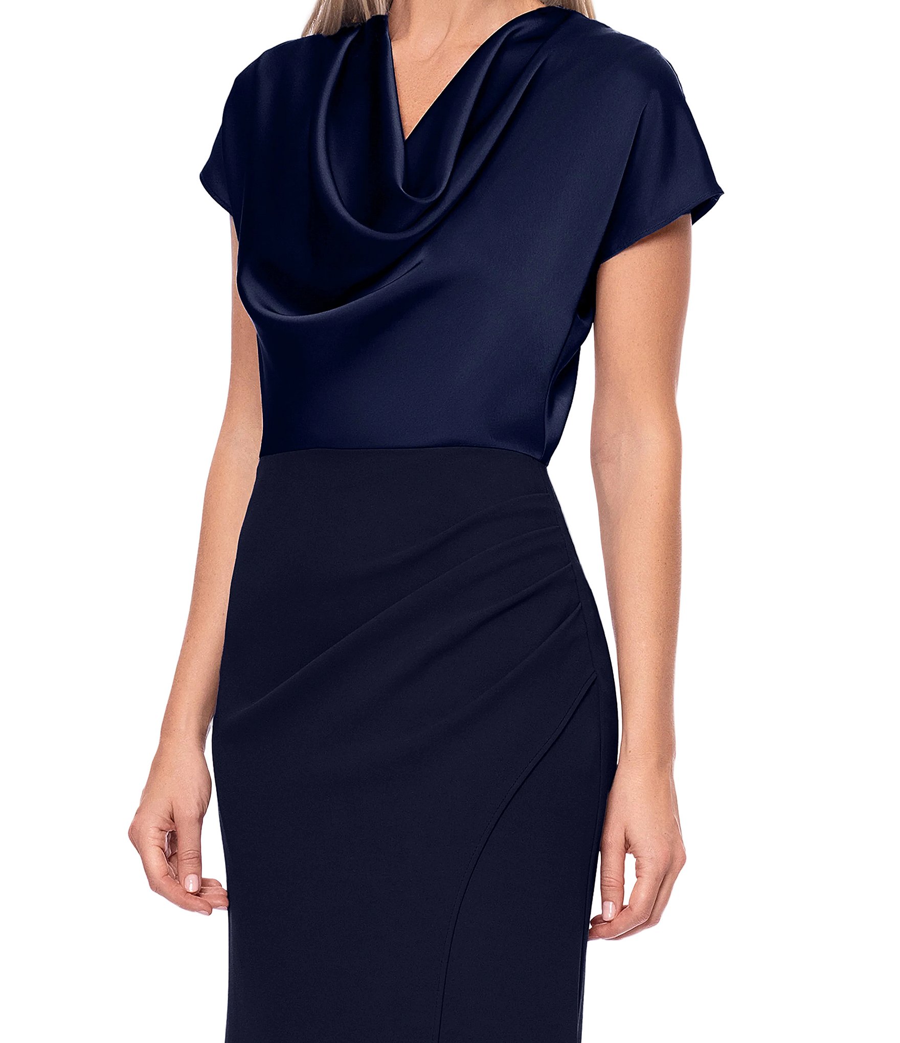 Betsy & Adam Satin Short Sleeve Cowl Neck Gown