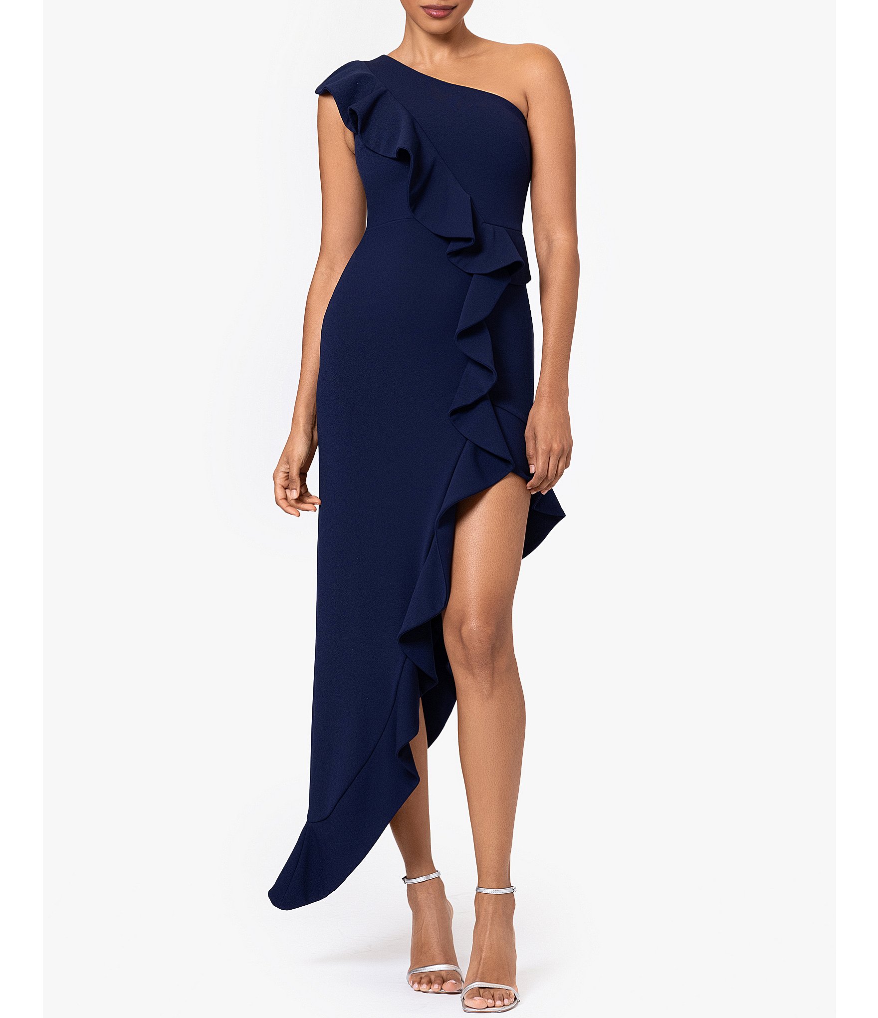 Betsy & Adam Scuba Crepe One Shoulder Sleeveless Ruffle Front Asymmetrical  Hem Dress | Dillard's