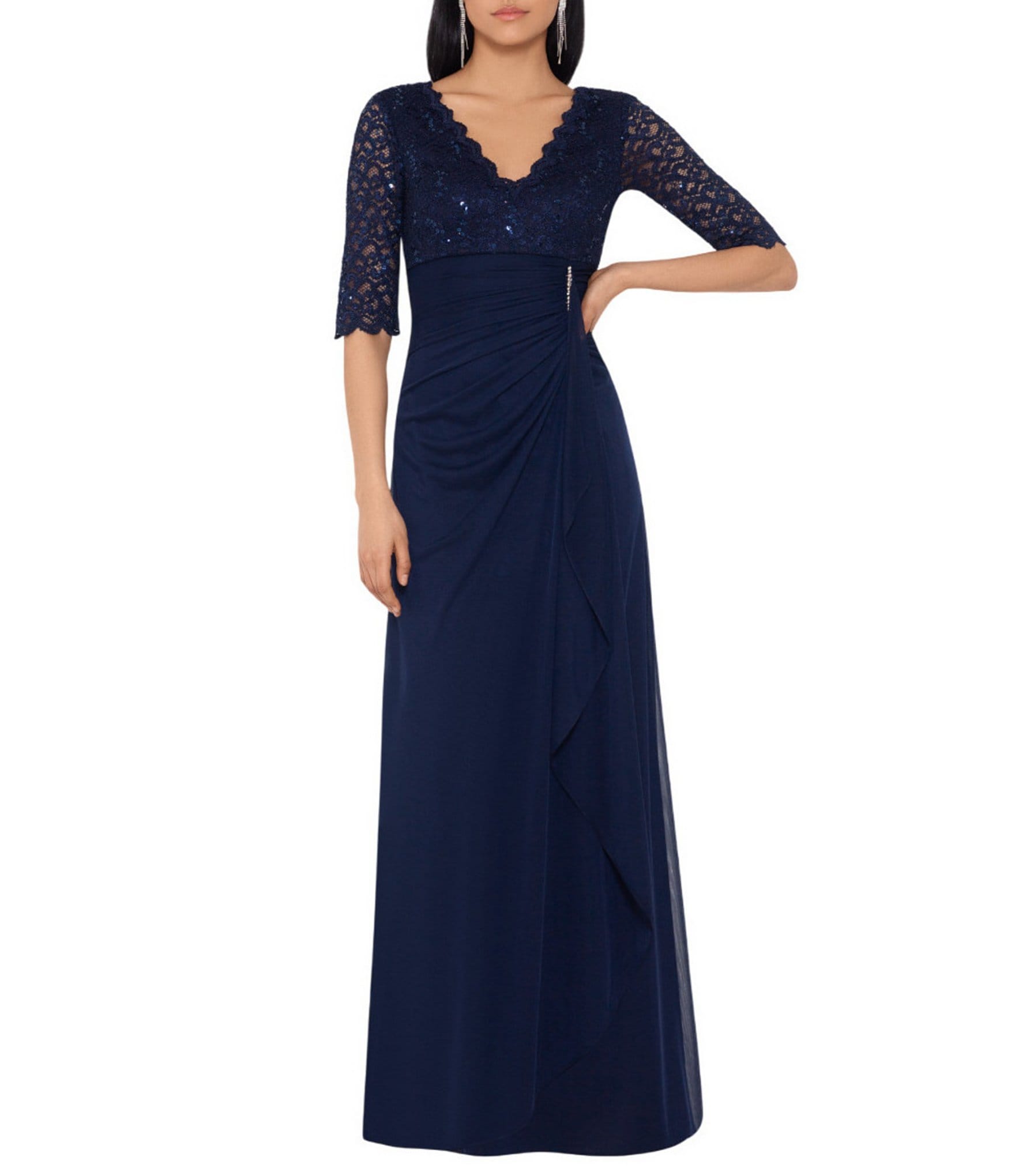 chinese dress ladies A-line navy blue lace long prom dress with mid sleeves, Navy blue lace  formal evening dress