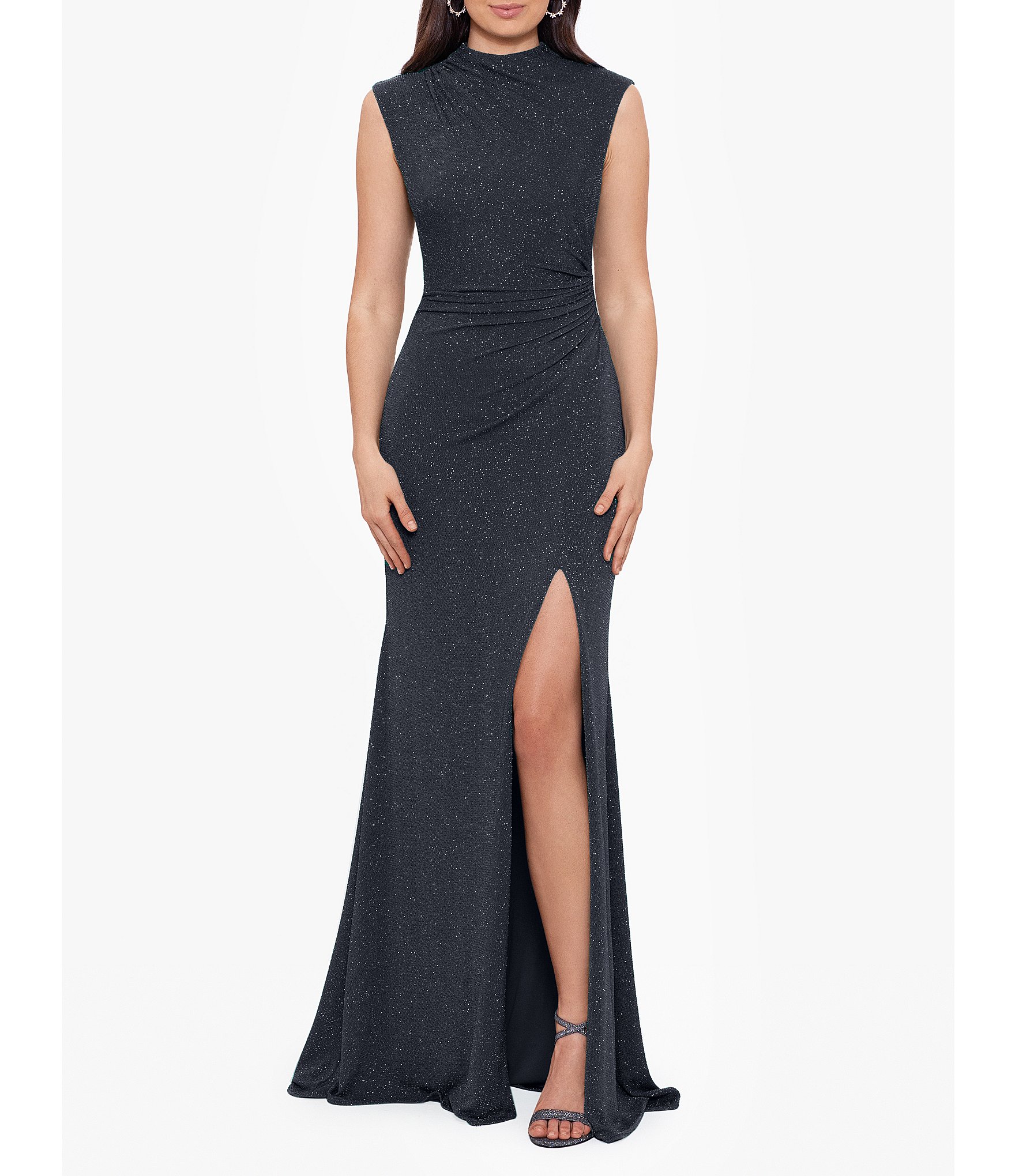 Betsy & Adam Stretch Glitter Mock Neck Sleeveless Ruched Gown 