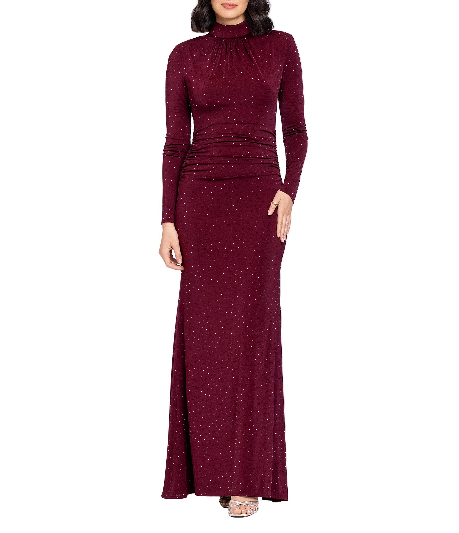 Betsy & Adam Stud Jersey Knit Mock Neck Long Sleeve Floor Length Gown