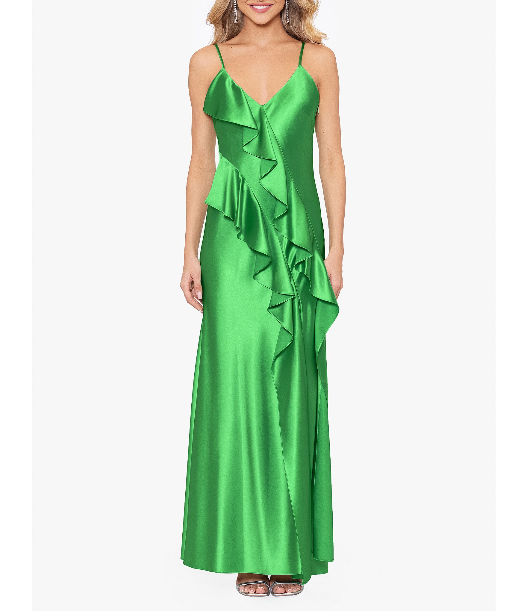 Betsy & Adam V Neckline Sleeveless Cascading Ruffle Gown | Dillard's