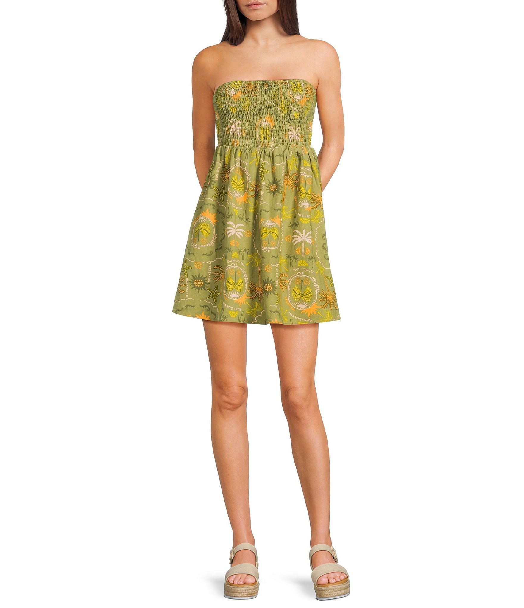 Billabong Tropical Haze Sleeveless Strapless Smocked Linen Blend Mini Dress